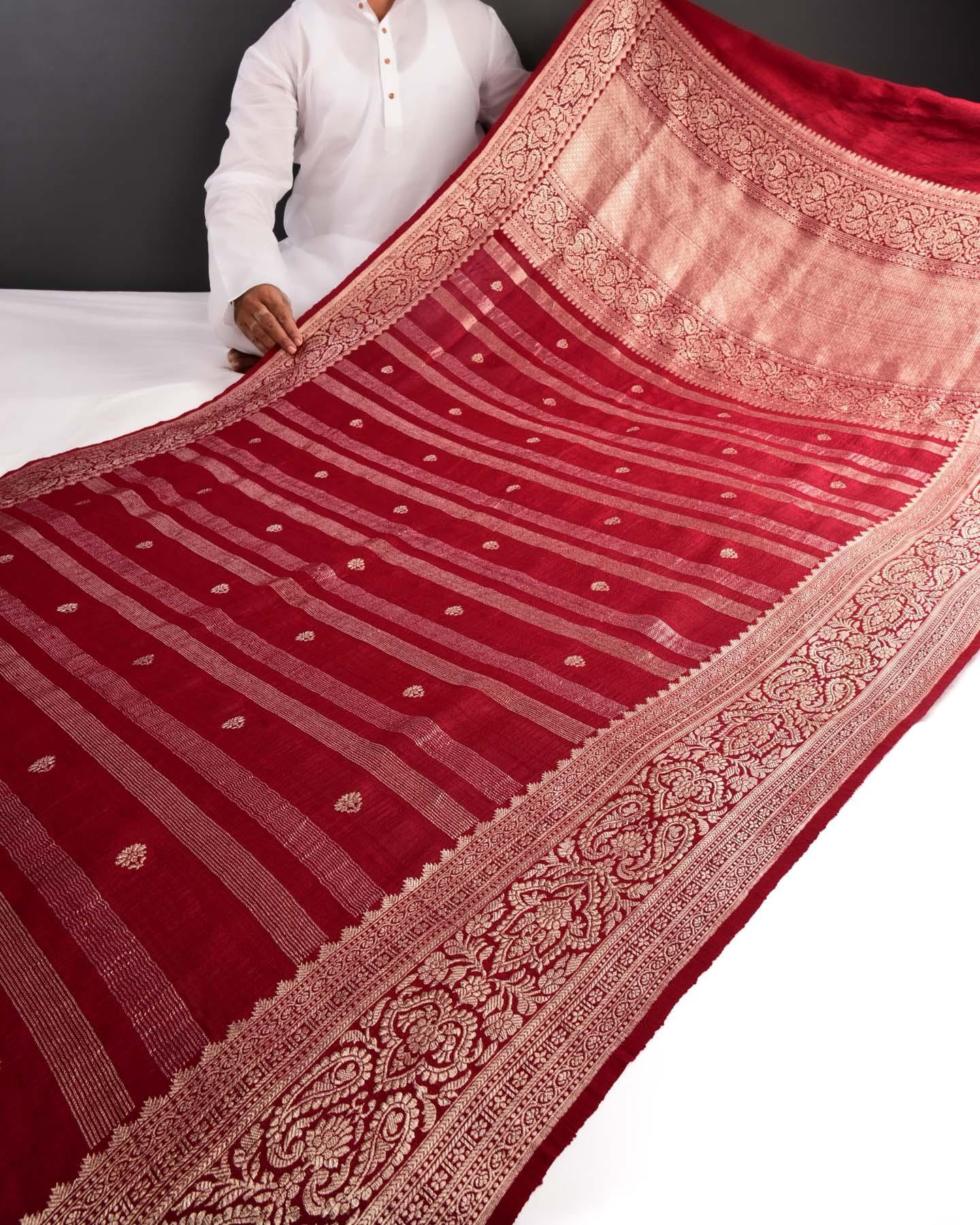 Burgundy Banarasi Stripes Gold Zari Buti Cutwork Brocade Handwoven Tasar Georgette Saree - By HolyWeaves, Benares