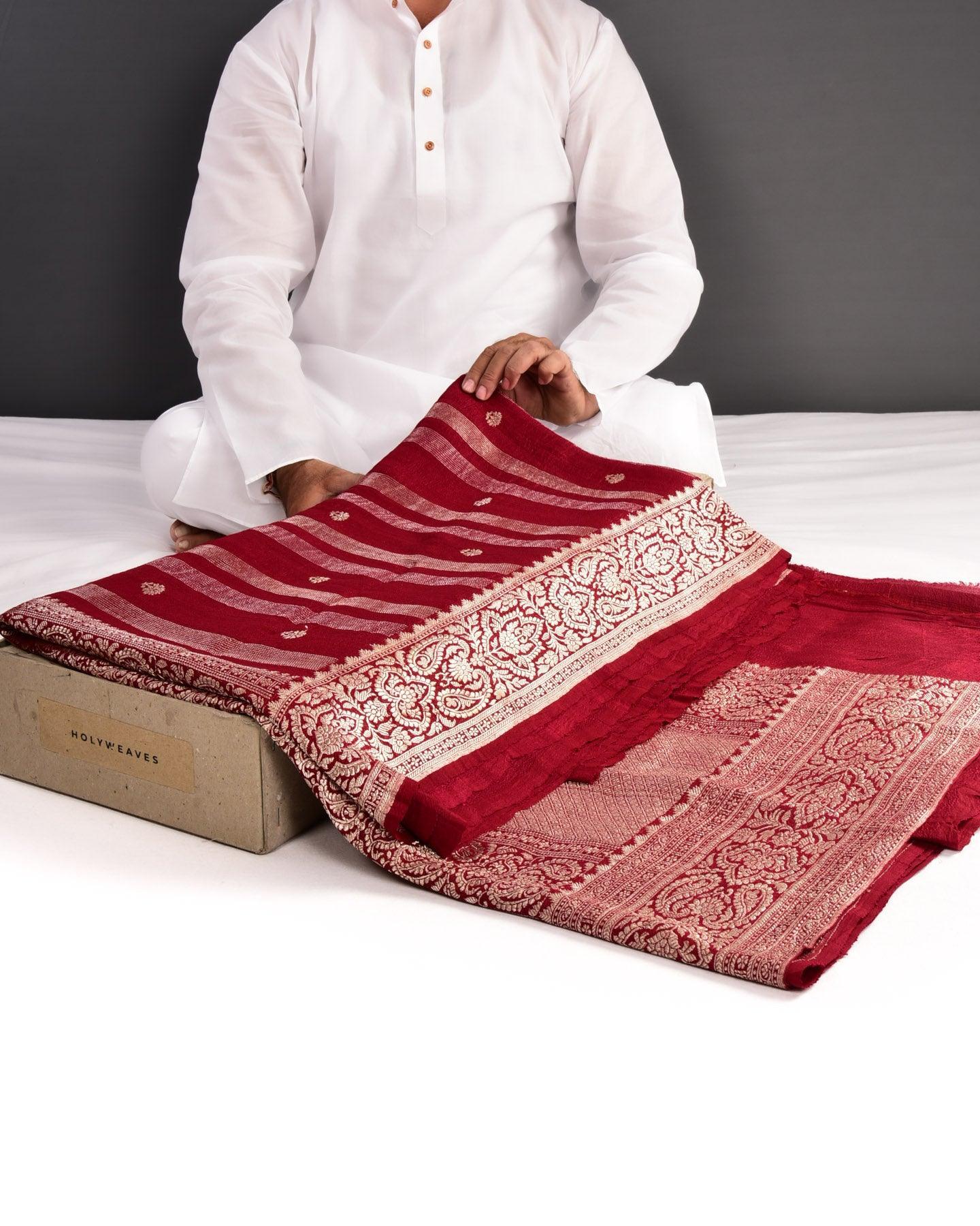 Burgundy Banarasi Stripes Gold Zari Buti Cutwork Brocade Handwoven Tasar Georgette Saree - By HolyWeaves, Benares