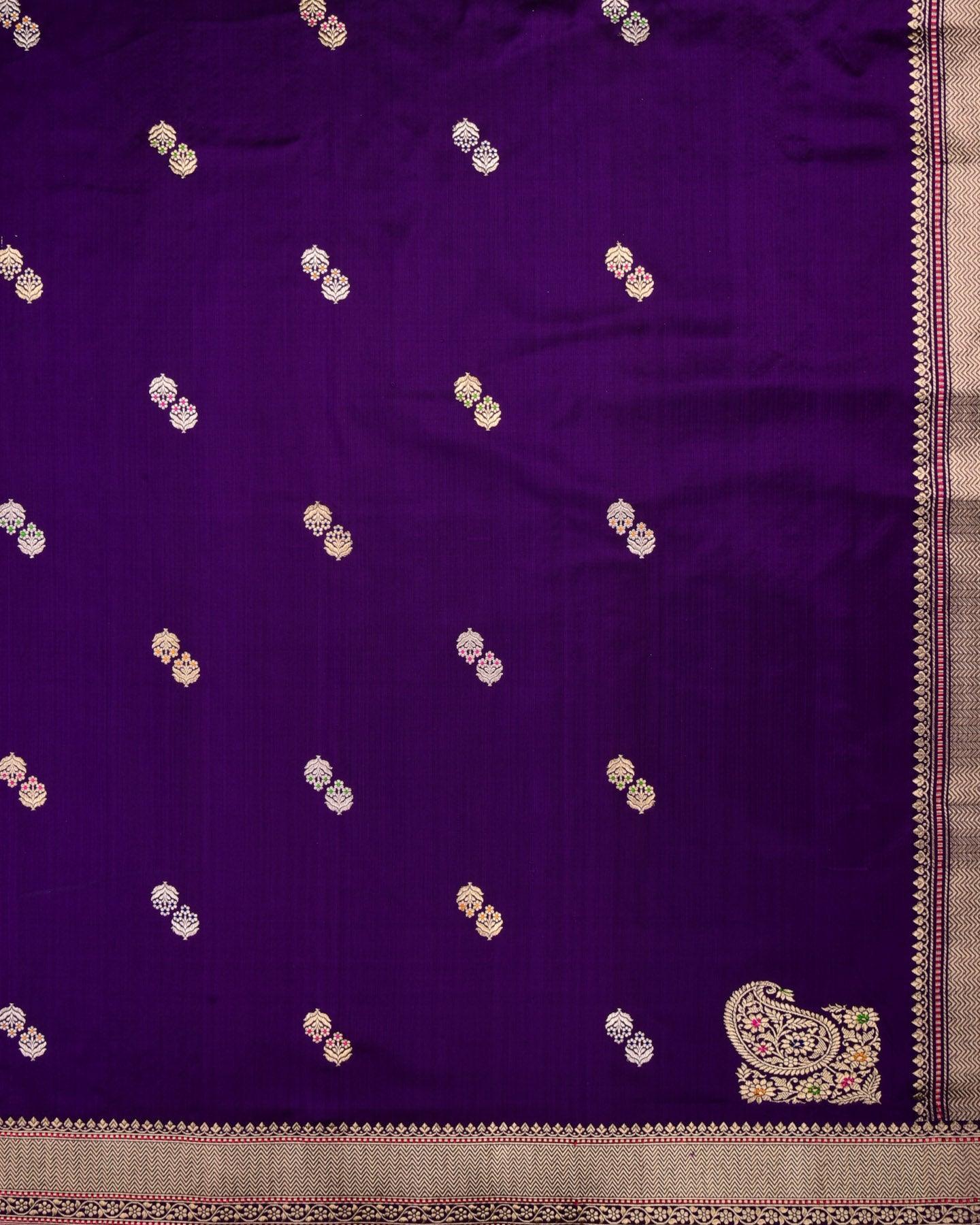 Byzantium Purple Banarasi Duet Alfi Meena Zari Buti Kadhuan Brocade Handwoven Katan Silk Dupatta with Koniya Buta - By HolyWeaves, Benares