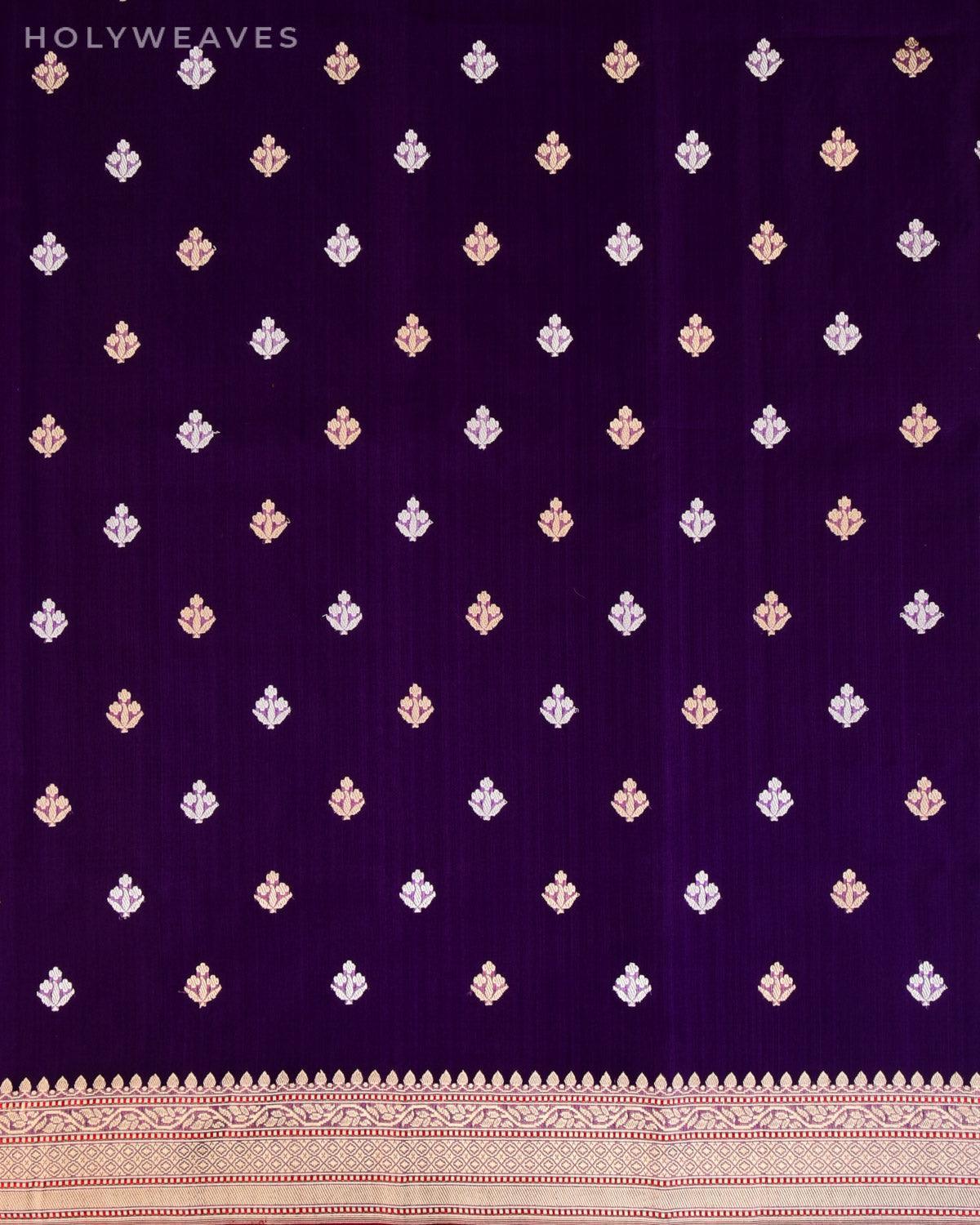 Byzantium Purple Banarasi Gold & Silver Buti Kadhuan Brocade Handwoven Kora Silk Saree - By HolyWeaves, Benares