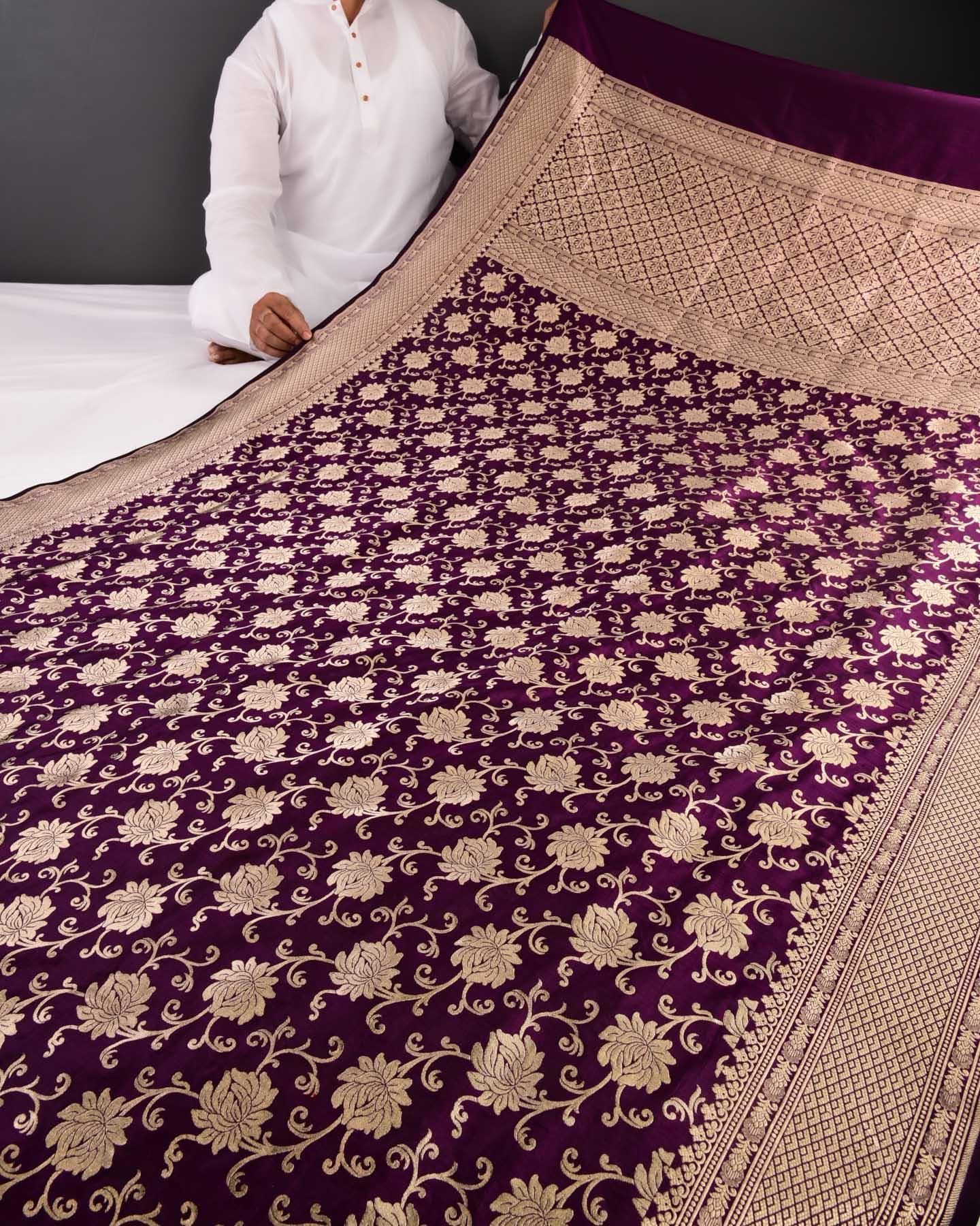 Byzantium Purple Banarasi Gold and Silver Floral Jaal Cutwork Brocade Handwoven Katan Silk Saree - By HolyWeaves, Benares