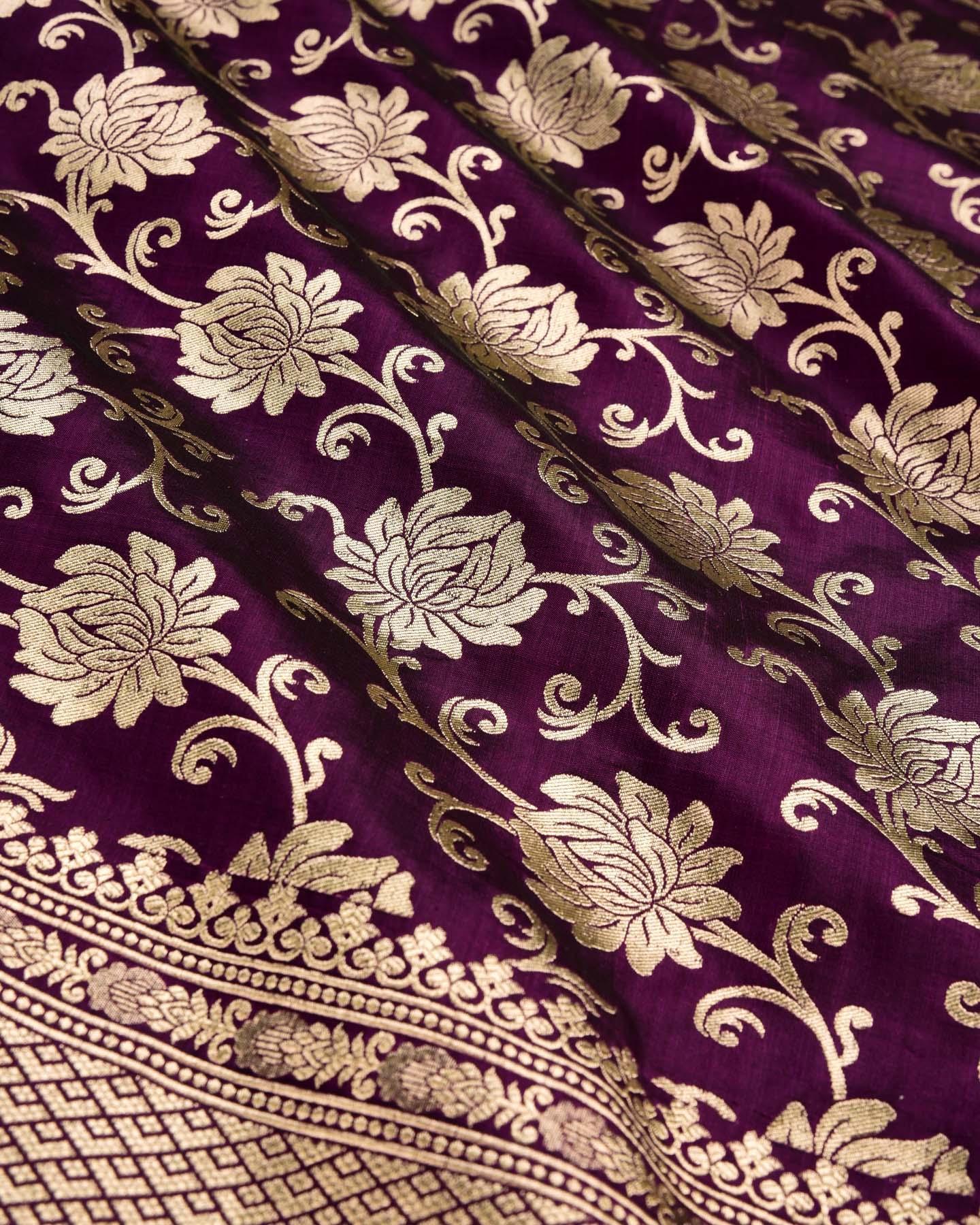 Byzantium Purple Banarasi Gold and Silver Floral Jaal Cutwork Brocade Handwoven Katan Silk Saree - By HolyWeaves, Benares