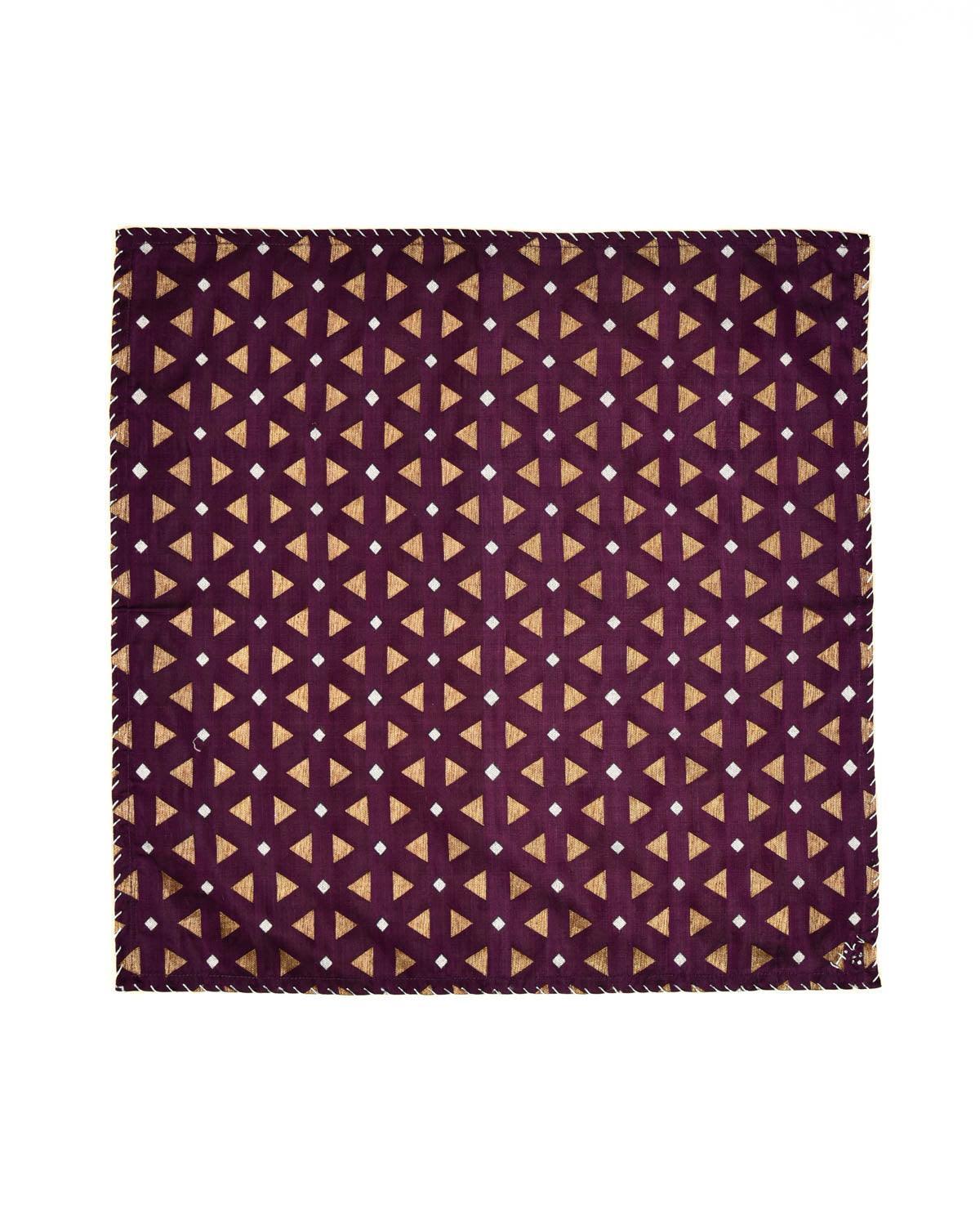 Byzantium Purple Banarasi Gold & Silver Zari Geometrical Buti Brocade Handwoven Silk Pocket Square - By HolyWeaves, Benares