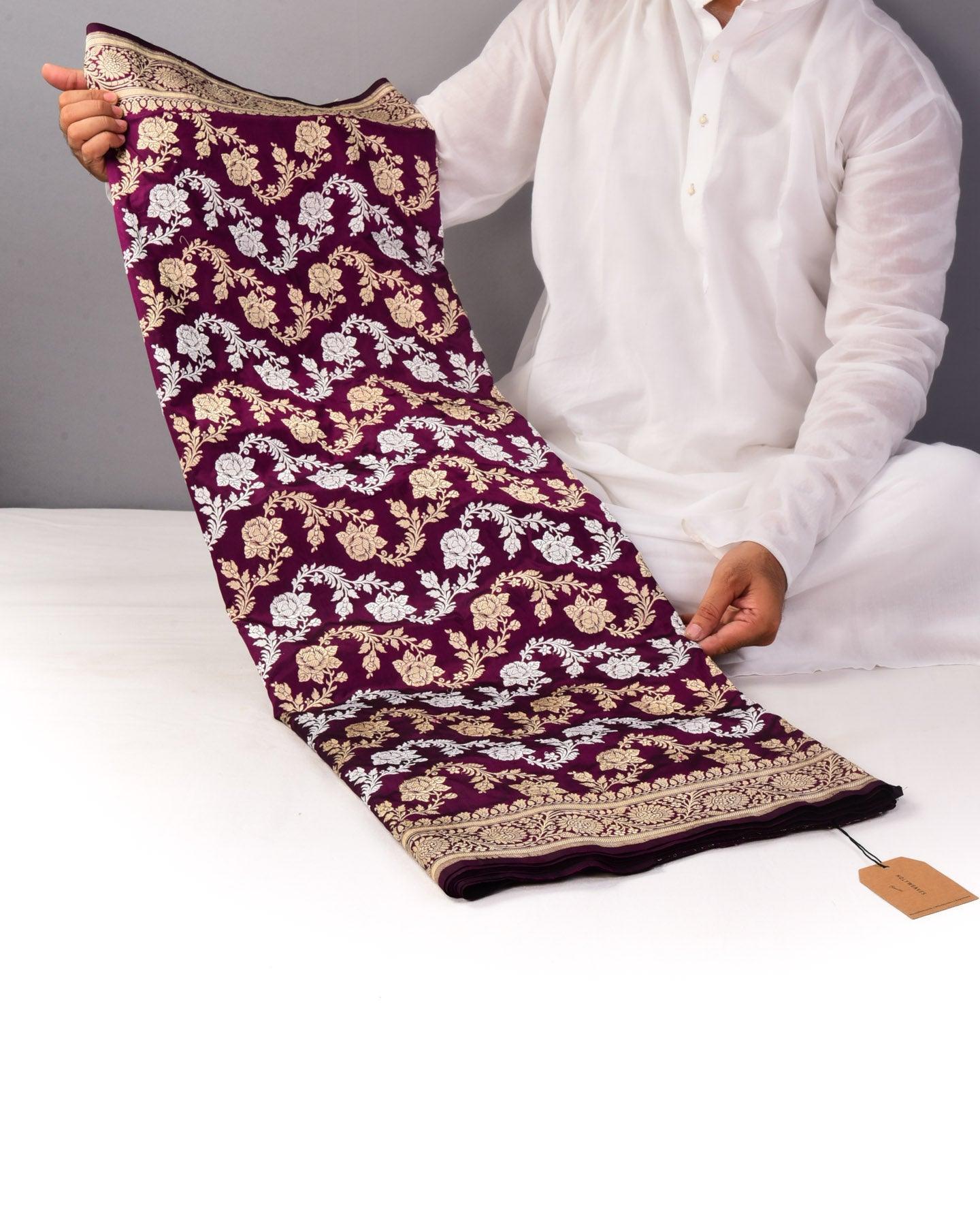 Byzantium Purple Banarasi Gulab Leheriya Jaal Kadhuan Brocade Handwoven Katan Silk Saree - By HolyWeaves, Benares