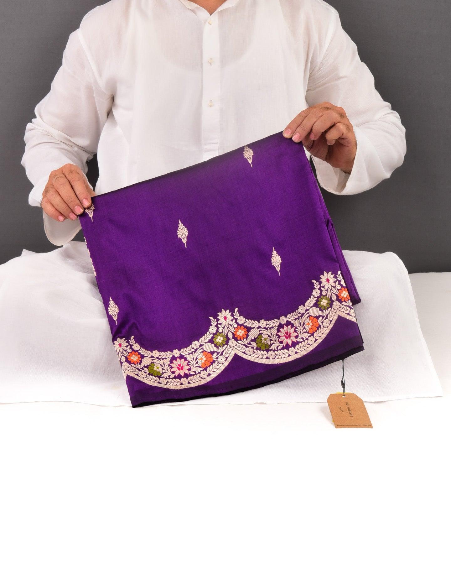 Byzantium Purple Banarasi Kadhuan Brocade Handwoven Katan Silk Saree with Scallop Borders - By HolyWeaves, Benares