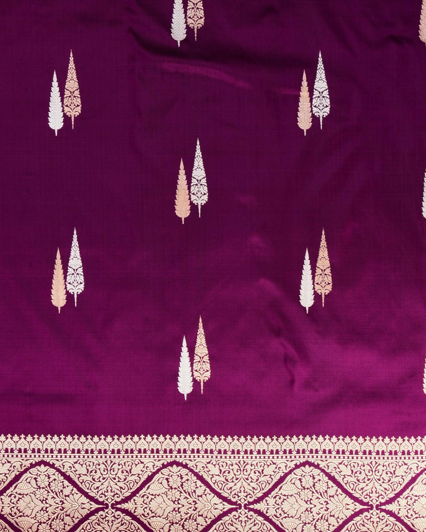 Byzantium Purple Banarasi Sona-Rupa Deodara Buti Kadhuan Brocade Handwoven Katan Silk Saree - By HolyWeaves, Benares