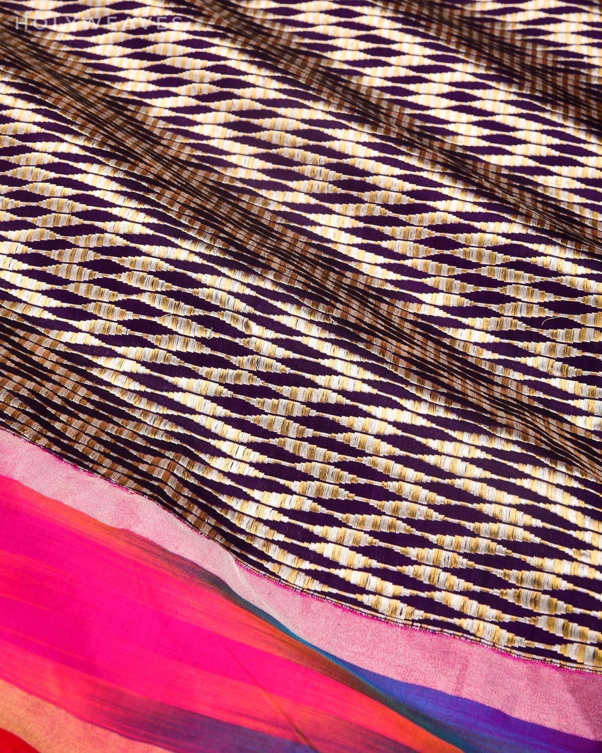 Byzantium Purple Banarasi "Twist" Kadhuan Brocade Handwoven Katan Silk Saree with Multi-color Ikat Kadiyal Border - By HolyWeaves, Benares