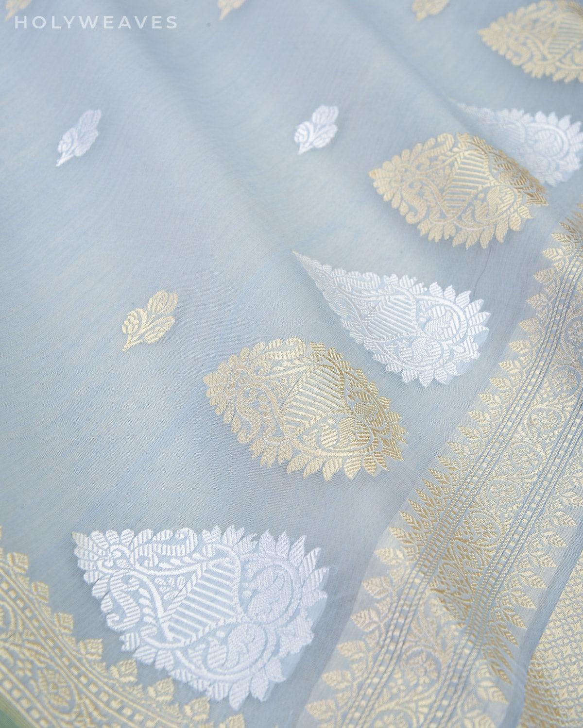 Cadet Gray Banarasi Gold & Silver Buti Kadhuan Brocade Handwoven Cotton Silk Saree - By HolyWeaves, Benares