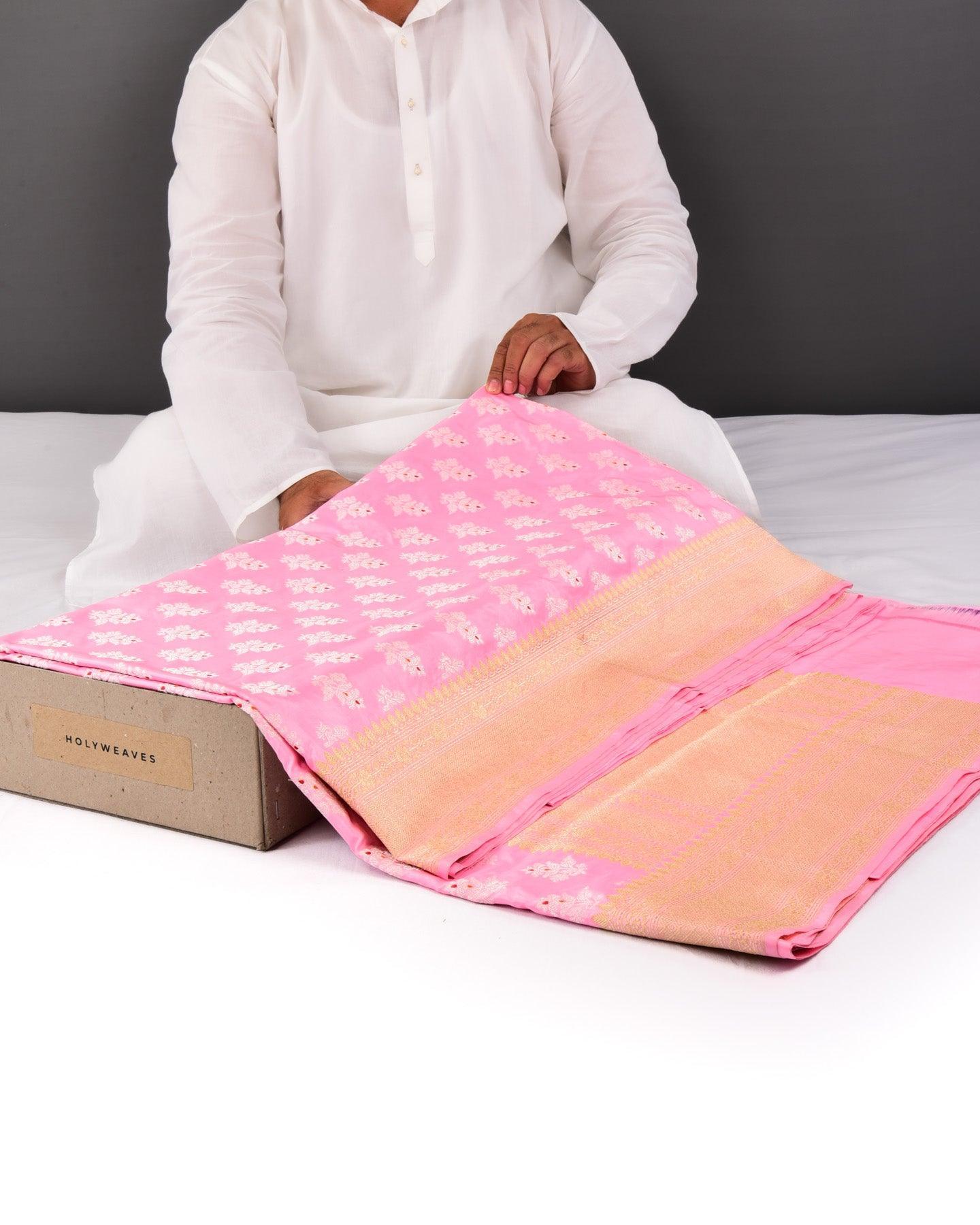 Carnation Pink Banarasi Alfi Zari Meena Buti Cutwork Brocade Handwoven Katan Silk Saree - By HolyWeaves, Benares