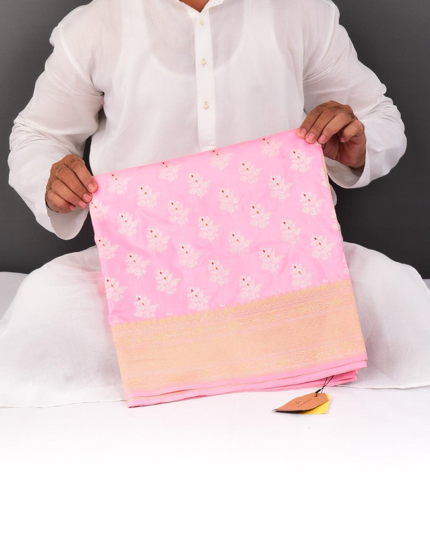 Carnation Pink Banarasi Alfi Zari Meena Buti Cutwork Brocade Handwoven Katan Silk Saree - By HolyWeaves, Benares