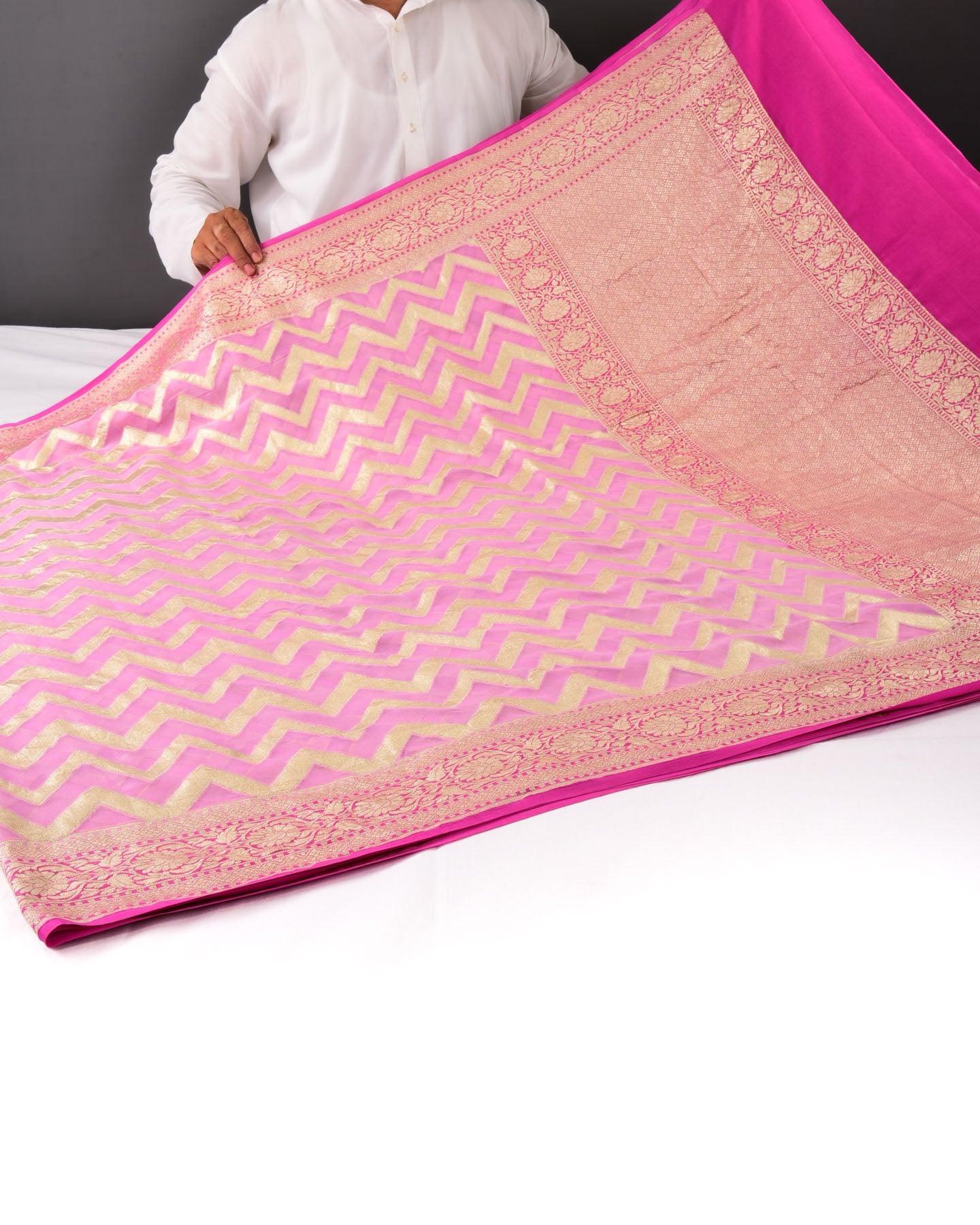 Carnation Pink Banarasi Chevron Zig-Zag Cutwork Brocade Handwoven Khaddi Georgette Saree - By HolyWeaves, Benares