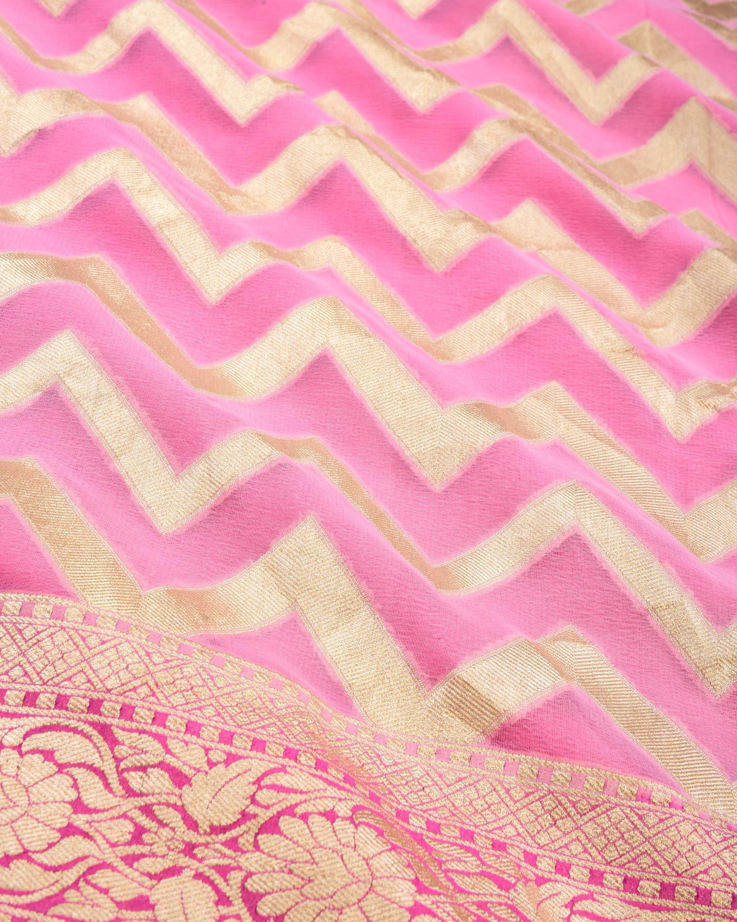 Carnation Pink Banarasi Chevron Zig-Zag Cutwork Brocade Handwoven Khaddi Georgette Saree - By HolyWeaves, Benares