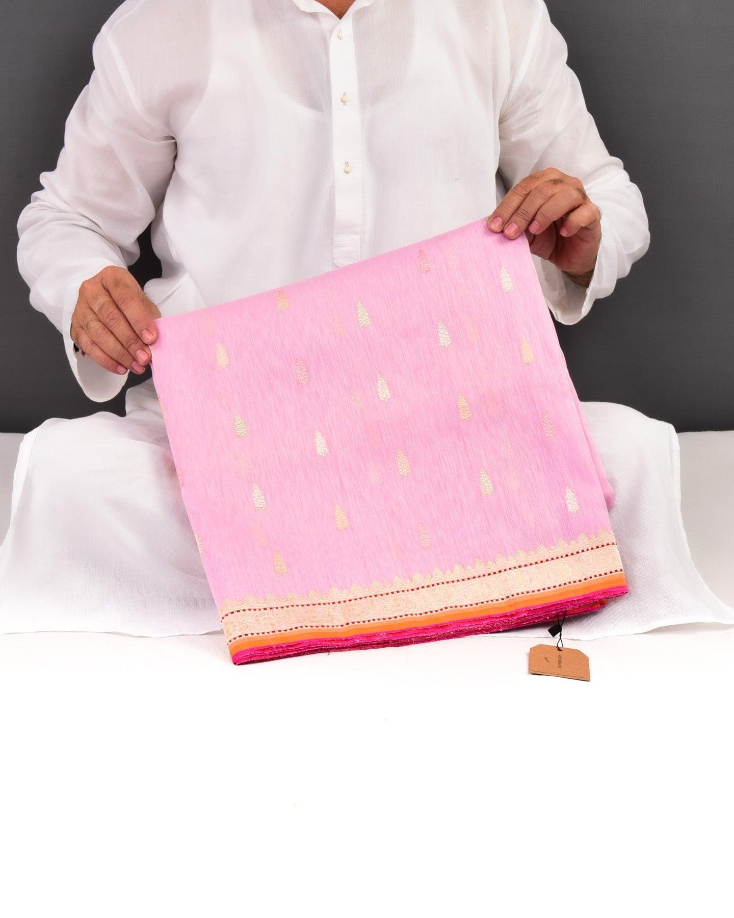 Carnation Pink Banarasi Colored Zari Buti Kadhuan Brocade Handwoven Linen Silk Saree - By HolyWeaves, Benares