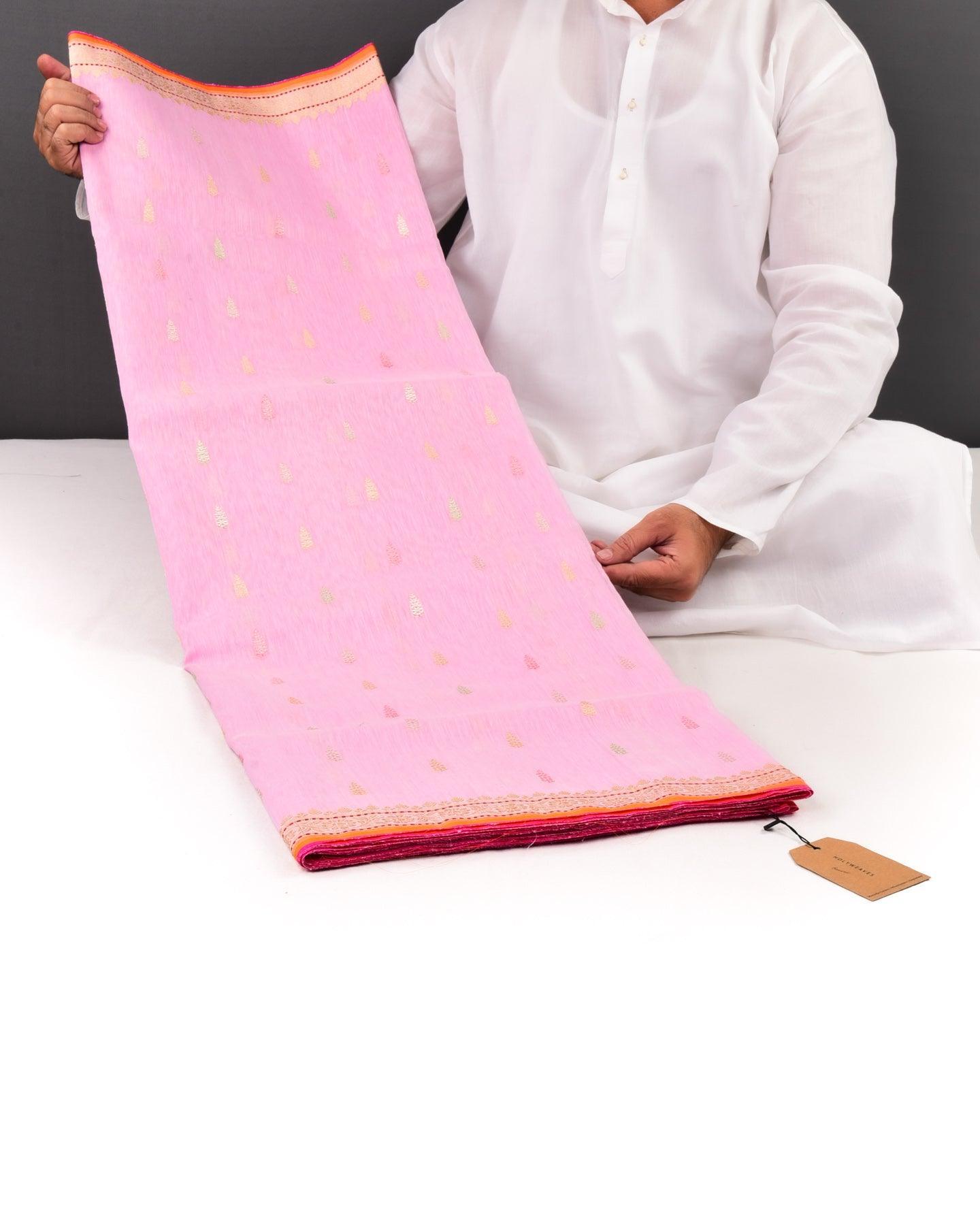 Carnation Pink Banarasi Colored Zari Buti Kadhuan Brocade Handwoven Linen Silk Saree - By HolyWeaves, Benares