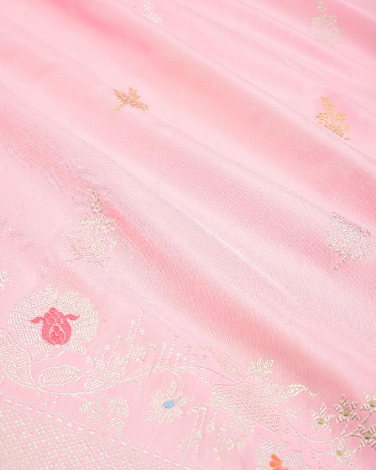 Carnation Pink Banarasi Gold & Silver Zari Buti Kadhuan Brocade Handwoven Katan Silk Saree - By HolyWeaves, Benares