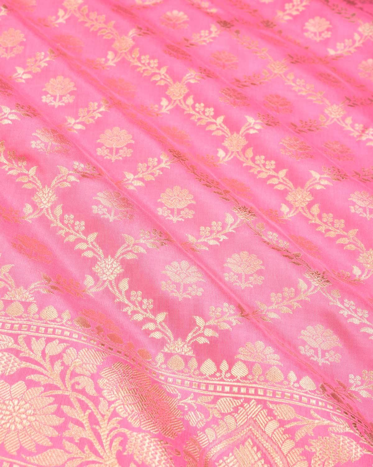 Carnation Pink Banarasi Gold Zari Jangla Buti Cutwork Brocade Handwoven Katan Silk Saree - By HolyWeaves, Benares