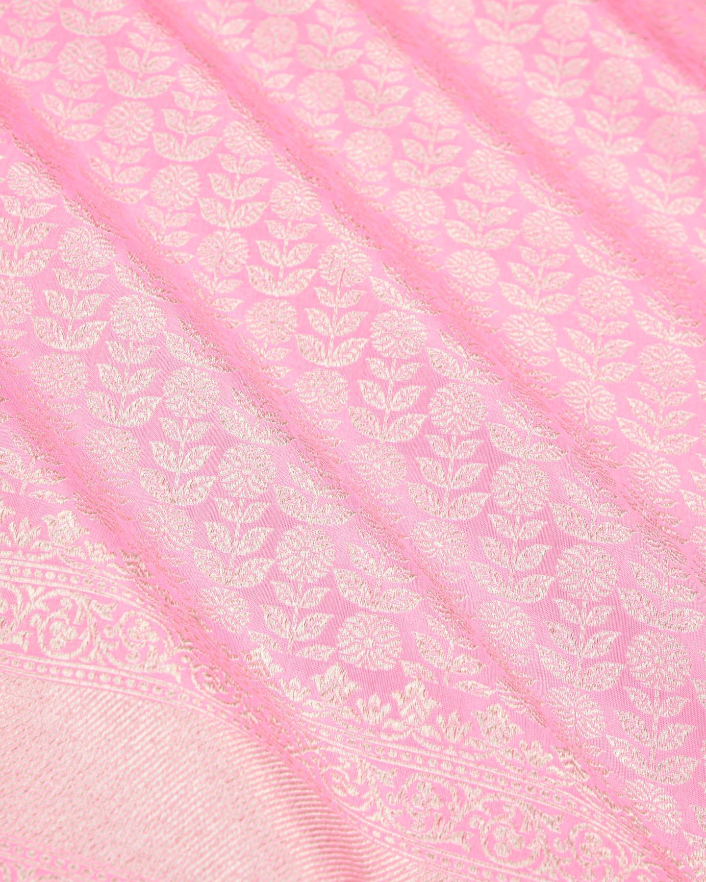 Carnation Pink Banarasi Silver Zari Brocade Handwoven Katan Silk Saree - By HolyWeaves, Benares