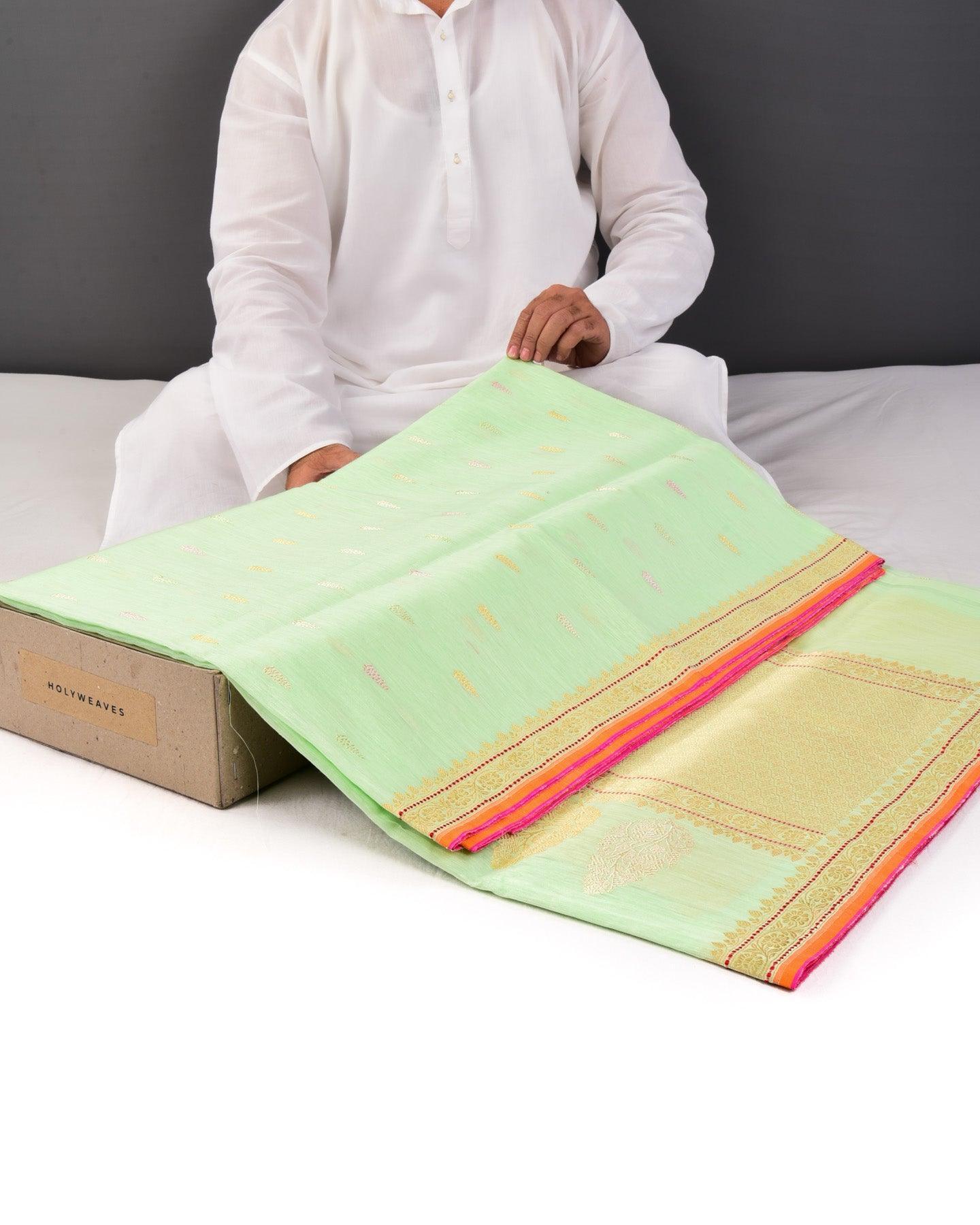 Celadon Green Banarasi Colored Zari Buti Kadhuan Brocade Handwoven Linen Silk Saree - By HolyWeaves, Benares