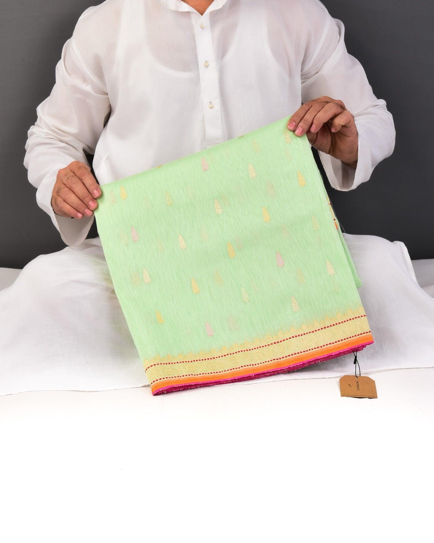Celadon Green Banarasi Colored Zari Buti Kadhuan Brocade Handwoven Linen Silk Saree - By HolyWeaves, Benares