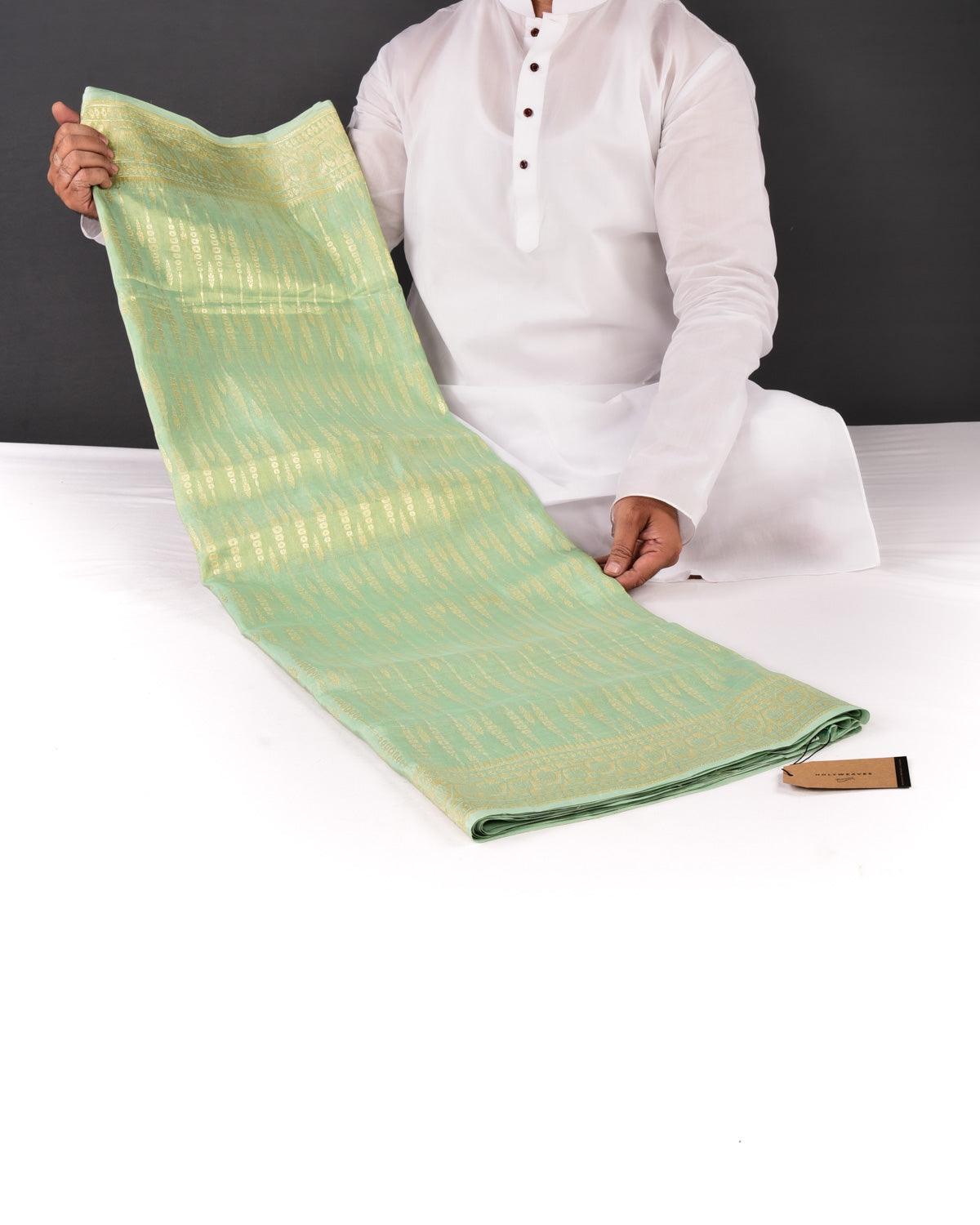 Celadon Green Banarasi Drop Stripes Sona Zari Cutwork Brocade Handwoven Kora Tissue Saree - By HolyWeaves, Benares