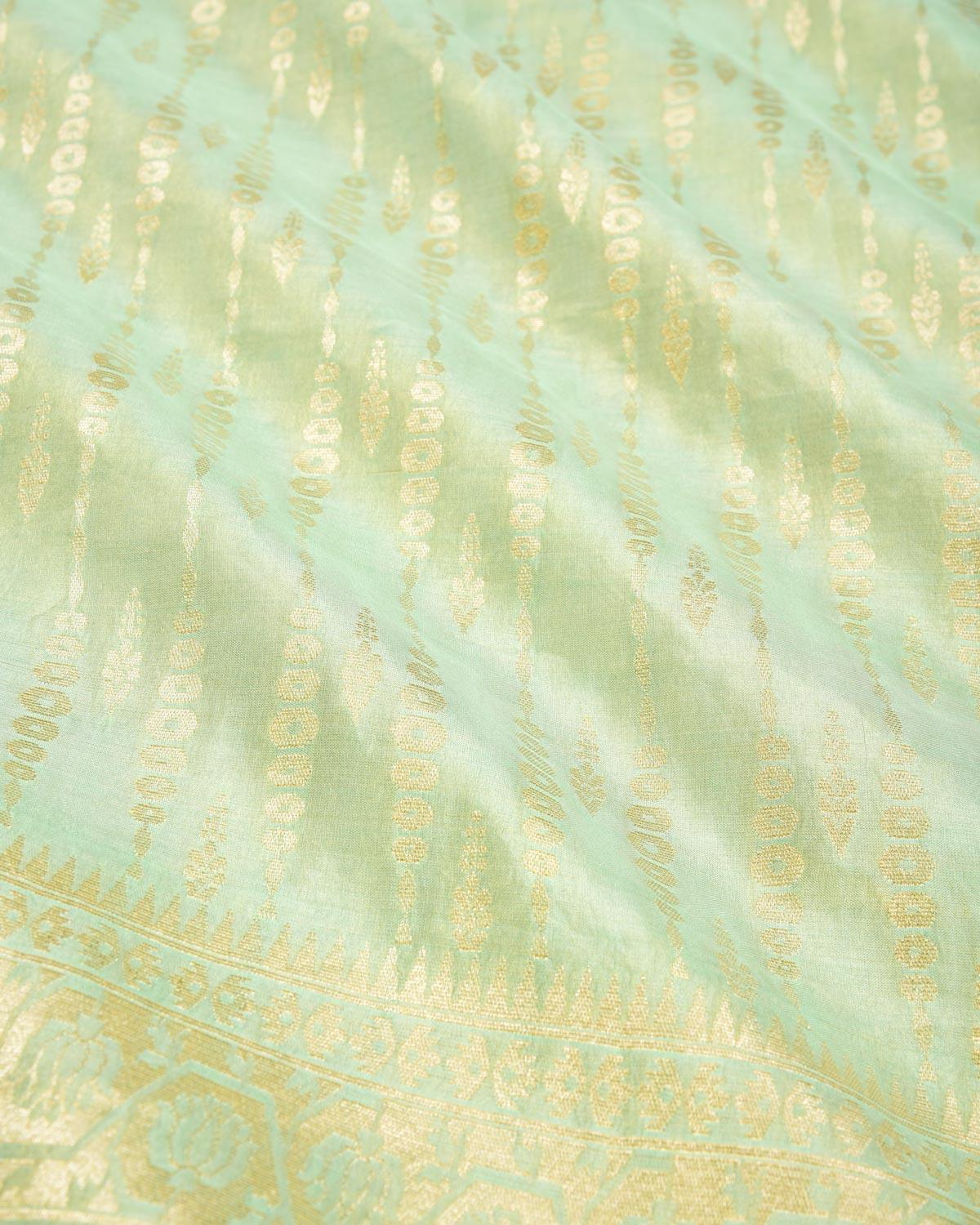 Celadon Green Banarasi Drop Stripes Sona Zari Cutwork Brocade Handwoven Kora Tissue Saree - By HolyWeaves, Benares