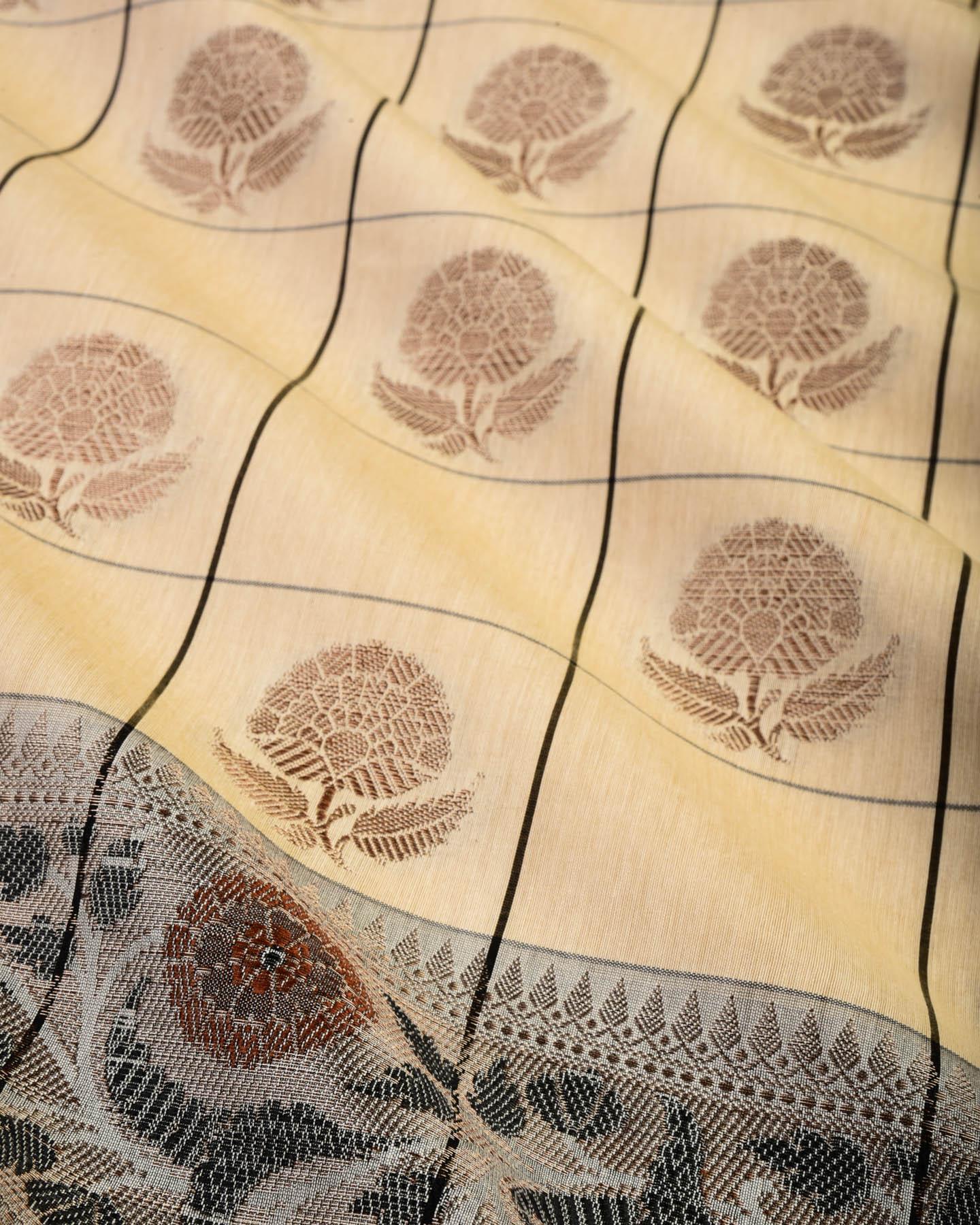 Chequered Cream Banarasi Zari Buta Cutwork Brocade Woven Cotton Silk Saree with Contrast Gray Border Pallu - By HolyWeaves, Benares