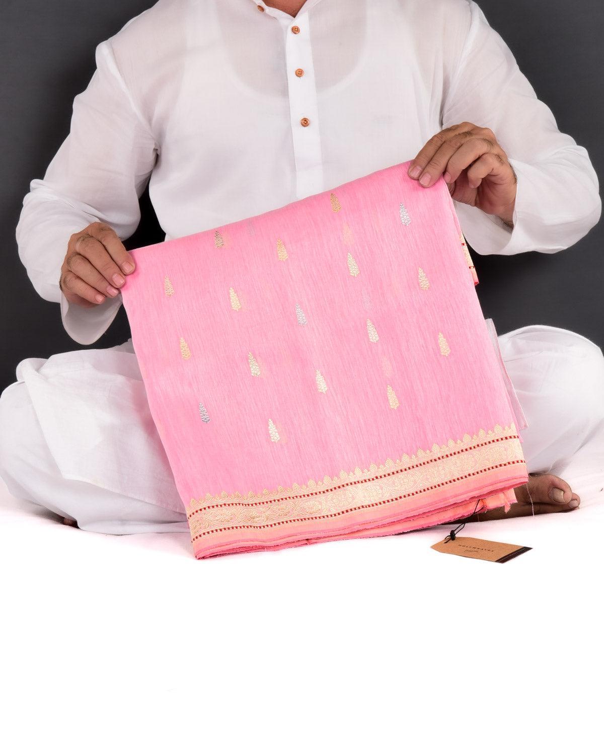 Cherry Blossom Pink Banarasi Colored Zari Buti Kadhuan Brocade Handwoven Linen Silk Saree - By HolyWeaves, Benares