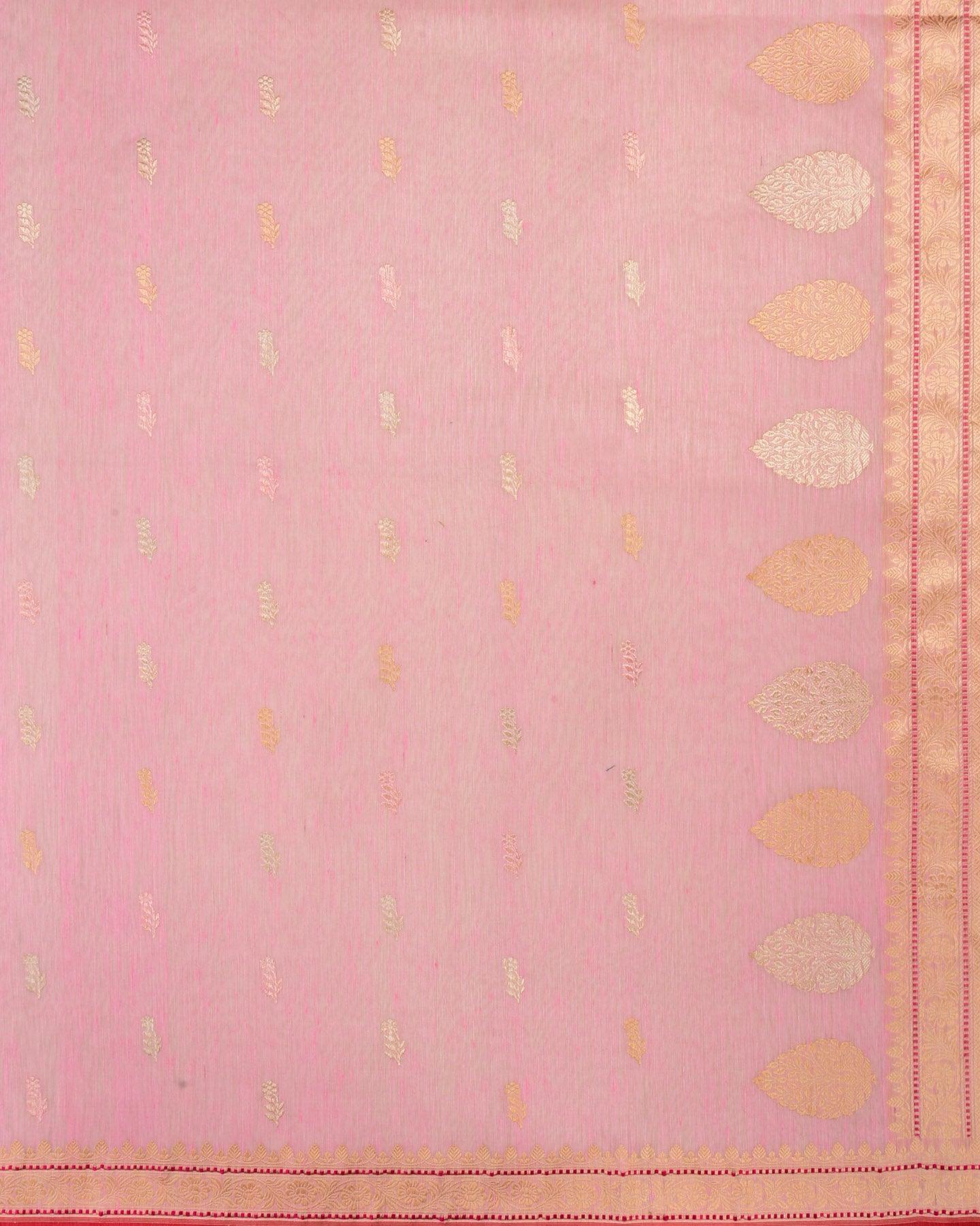 Cherry Blossom Pink Banarasi Zari Buti Kadhuan Brocade Handwoven Linen Silk Saree with 2-tone Selvage - By HolyWeaves, Benares