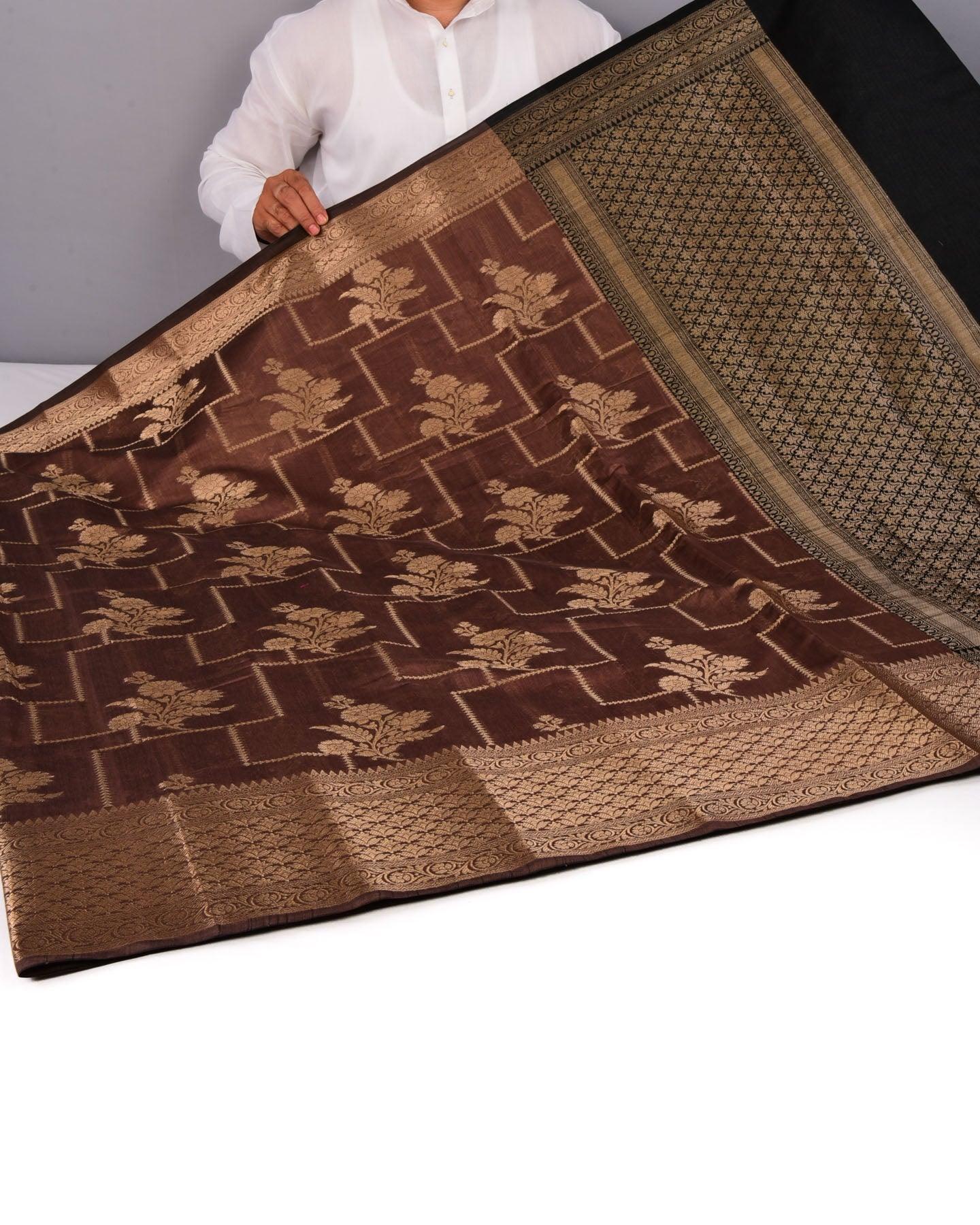 Chocolate Brown Banarasi Geometric Grids Cutwork Brocade Woven Cotton Silk Saree - By HolyWeaves, Benares