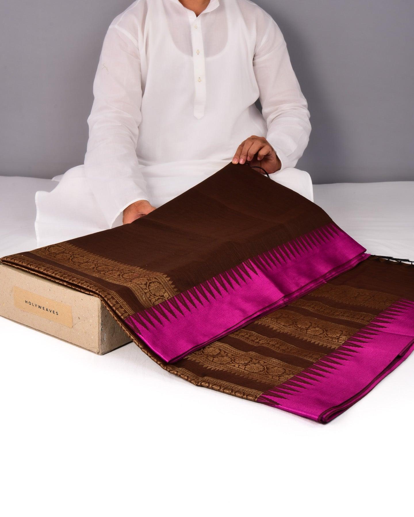 Chocolate Brown Banarasi Temple Border Cutwork Brocade Woven Cotton Silk Saree - By HolyWeaves, Benares