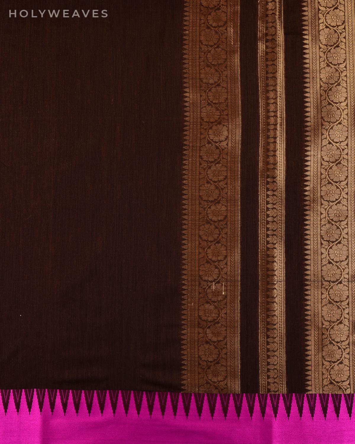 Chocolate Brown Banarasi Temple Border Cutwork Brocade Woven Cotton Silk Saree - By HolyWeaves, Benares