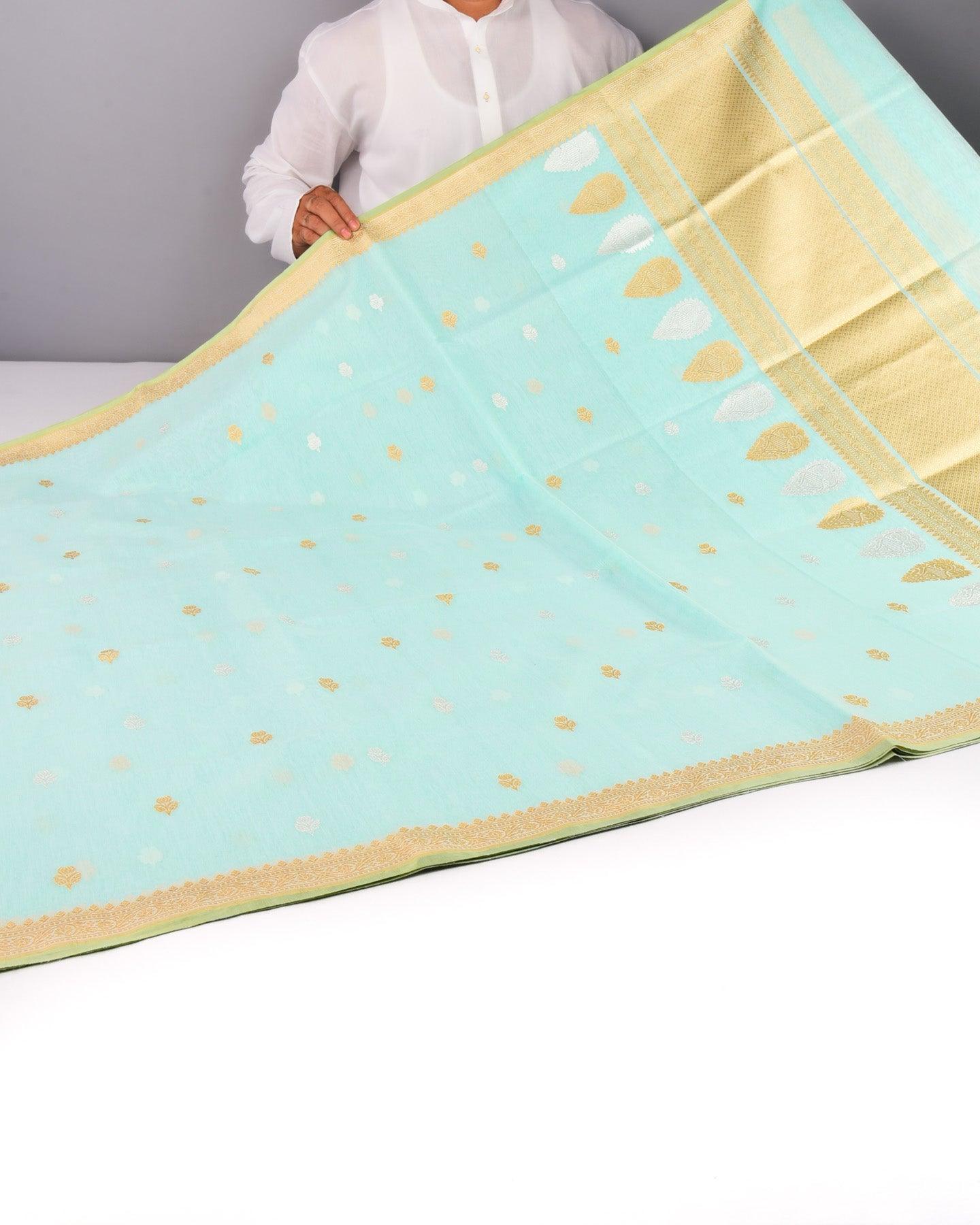 Cool Aqua Blue Banarasi Gold & Silver Buti Kadhuan Brocade Handwoven Cotton Silk Saree - By HolyWeaves, Benares