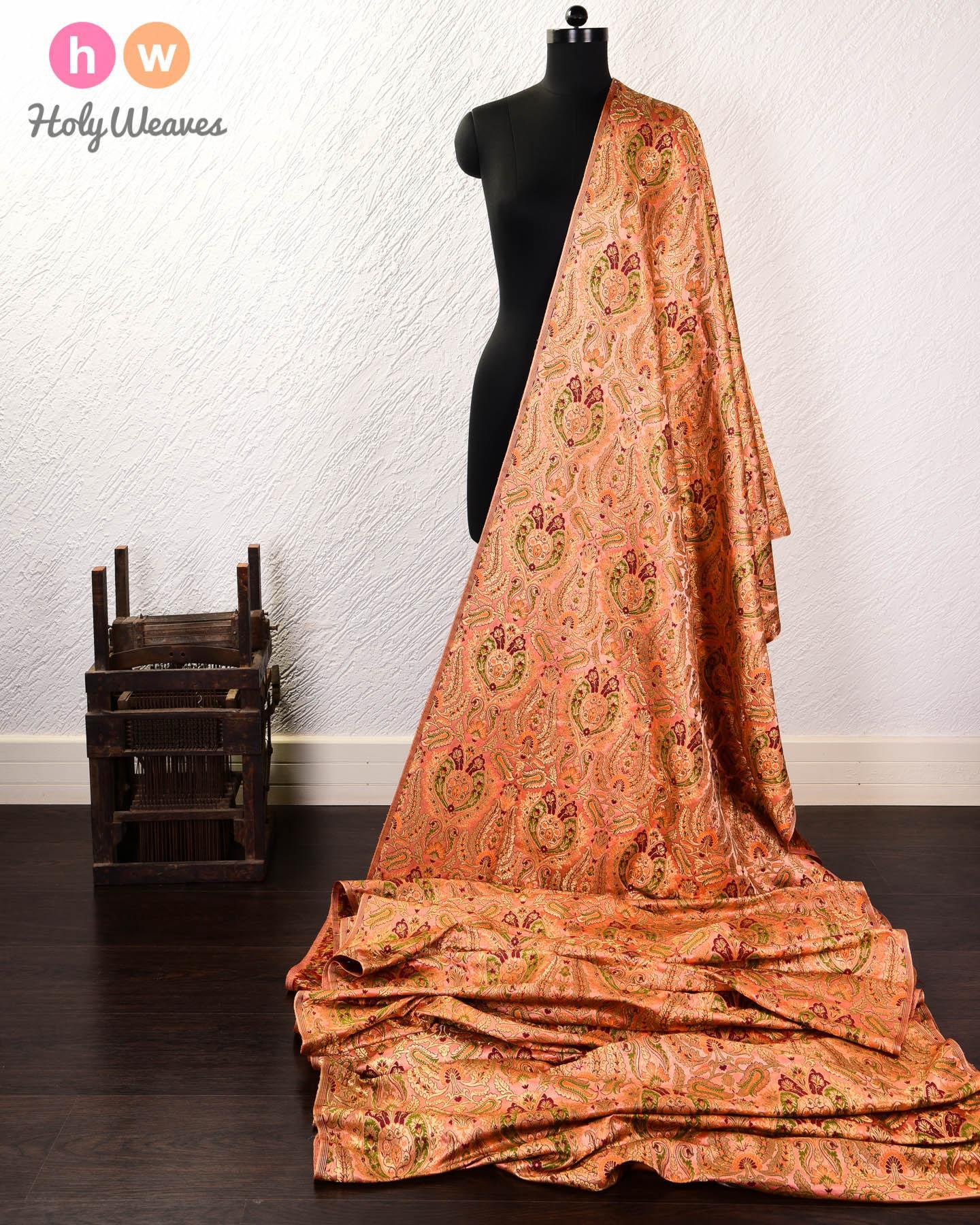 Copper Banarasi Tehra Kimkhwab Brocade Handwoven Viscose Silk Fabric - By HolyWeaves, Benares