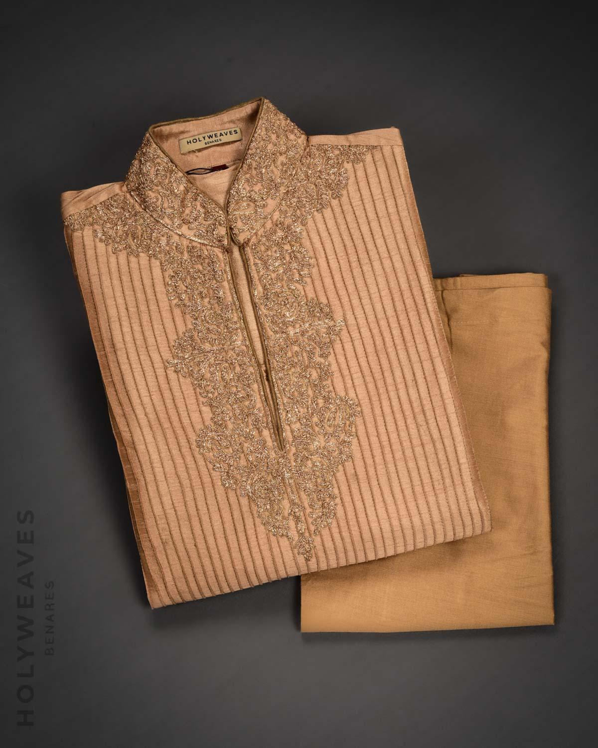 Copper Embroidered Art Silk Mens Kurta Pyjama - By HolyWeaves, Benares