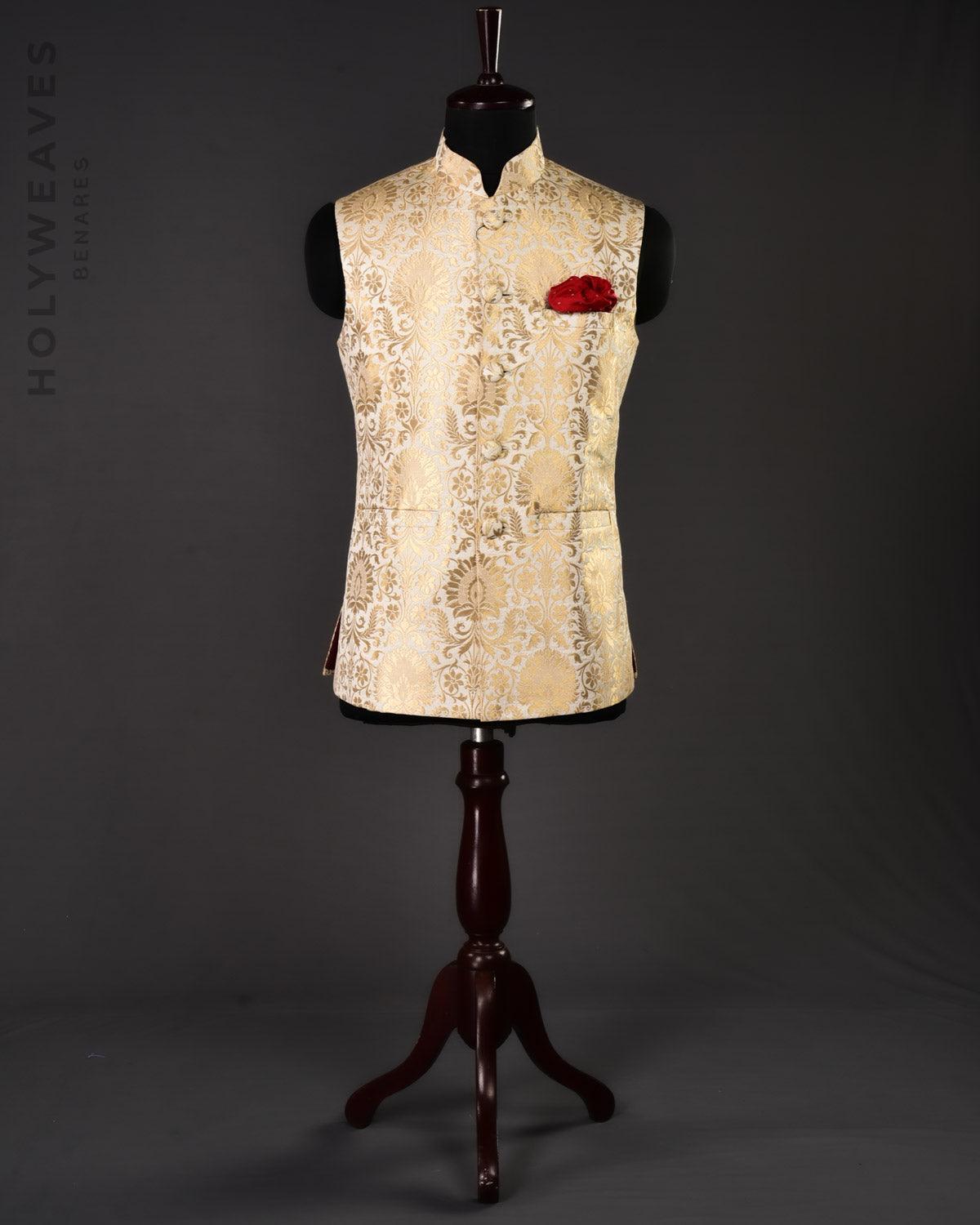 Cream Art Silk Brocade Slim Fit Mens Modi Jacket - By HolyWeaves, Benares