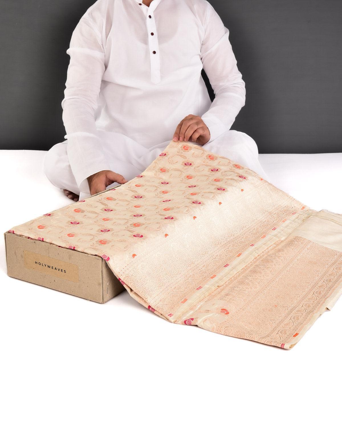 Cream Banarasi Alfi Gold Zari and Resham Jaal Cutwork Brocade Handwoven Katan Silk Saree - By HolyWeaves, Benares