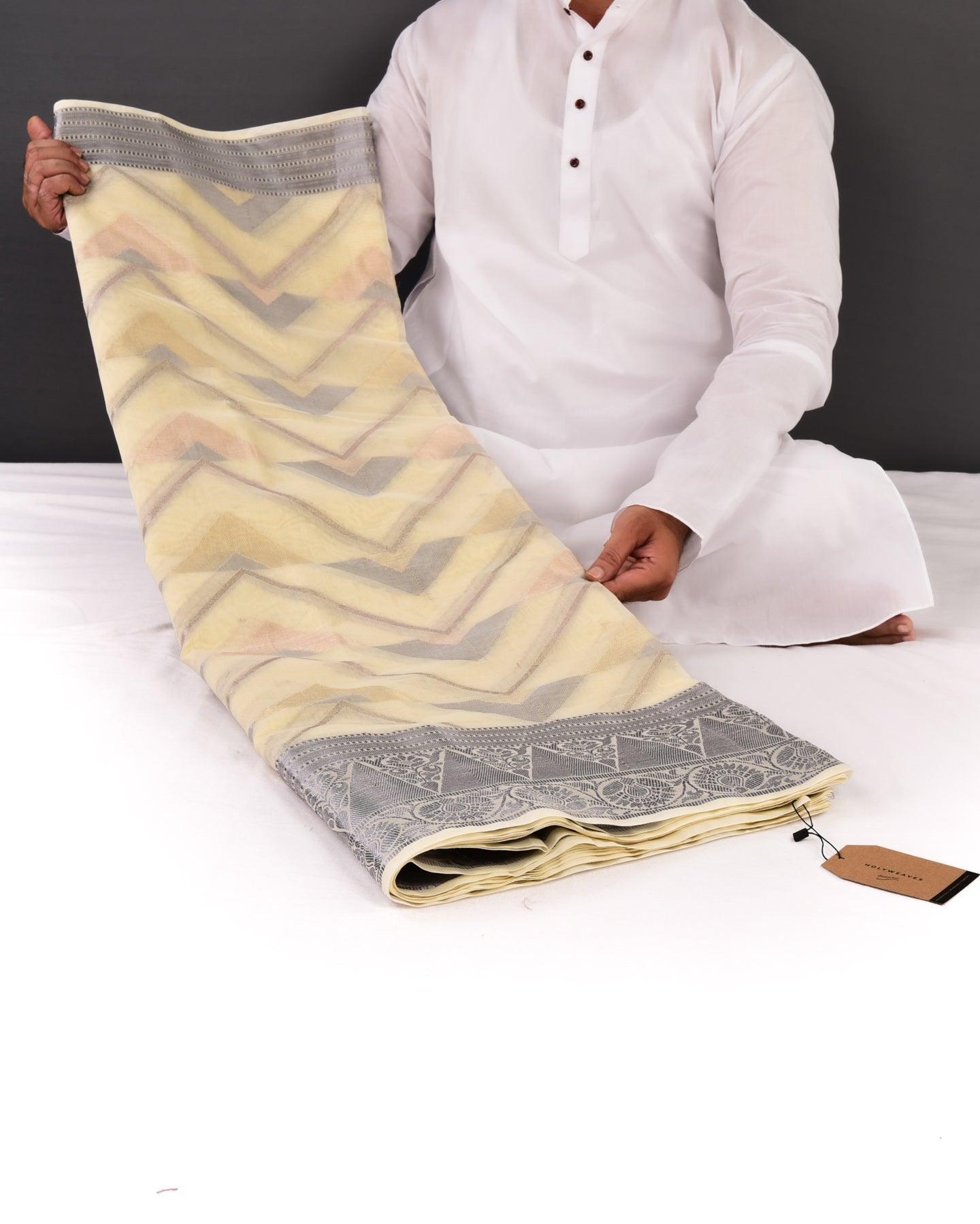 Cream Banarasi Alfi Sona Rupa Zari Zig-Zag Cutwork Brocade Woven Blended Cotton Silk Saree - By HolyWeaves, Benares