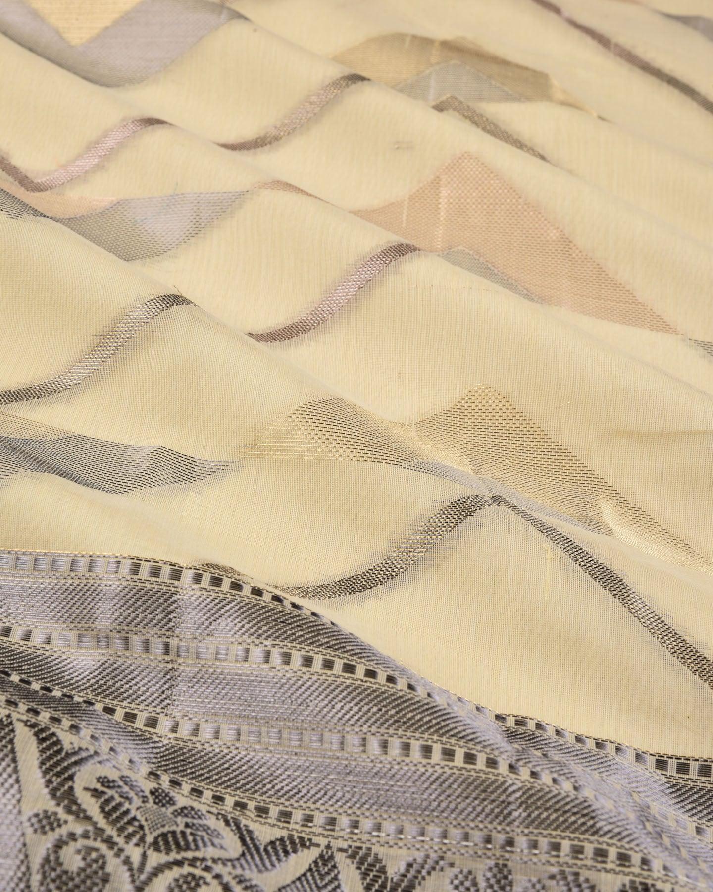 Cream Banarasi Alfi Sona Rupa Zari Zig-Zag Cutwork Brocade Woven Blended Cotton Silk Saree - By HolyWeaves, Benares