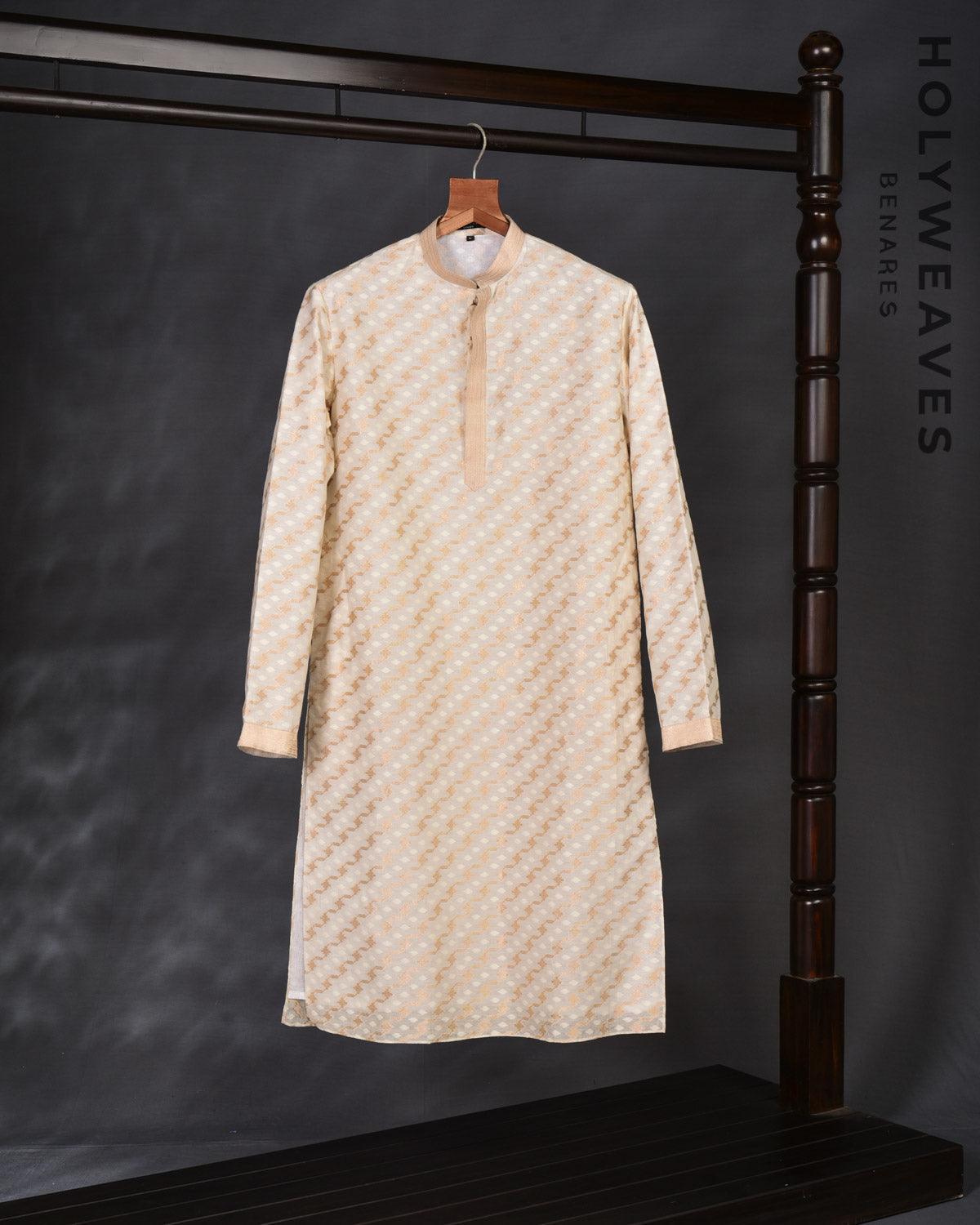 Cream Banarasi Alfi Zari and Resham Brocade Handwoven Cotton Silk Mens Kurta Pyjama with Cotton Lining - By HolyWeaves, Benares