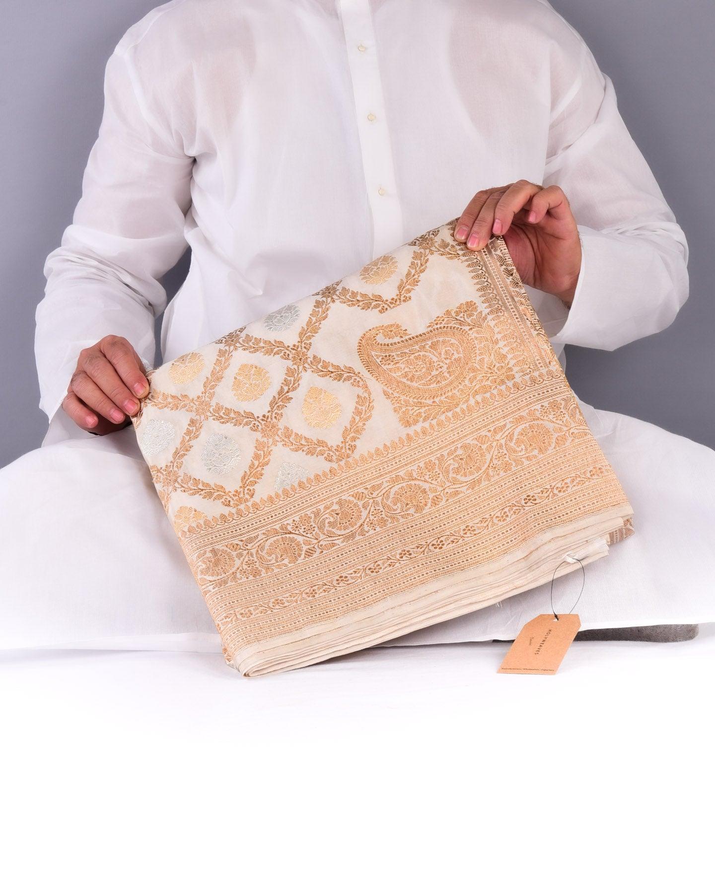 Cream Banarasi All-over Sona-Rupa Kadhuan Brocade Handwoven Katan Tissue Saree - By HolyWeaves, Benares