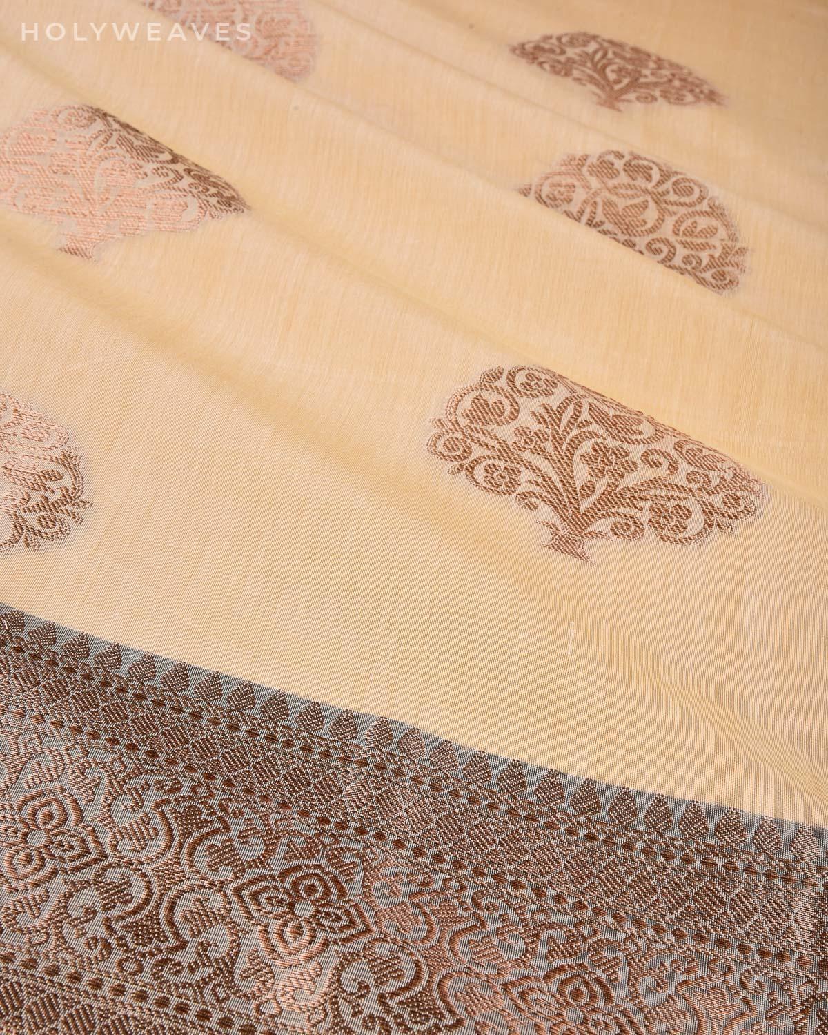 Cream Banarasi Antique Zari Cutwork Brocade Woven Cotton Silk Saree with Black Tisue Blouse Piece - By HolyWeaves, Benares