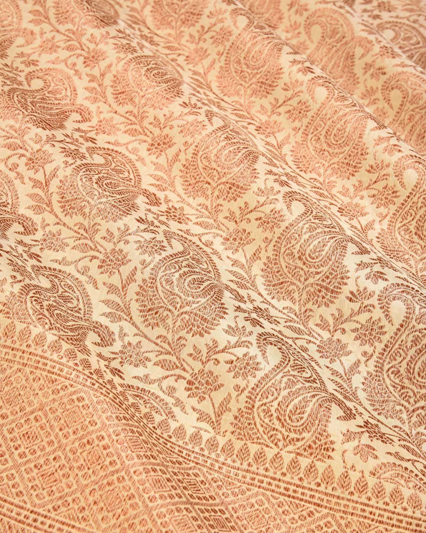 Cream Banarasi Antique Zari Paisley Jaal Brocade Woven Katan Silk Saree - By HolyWeaves, Benares