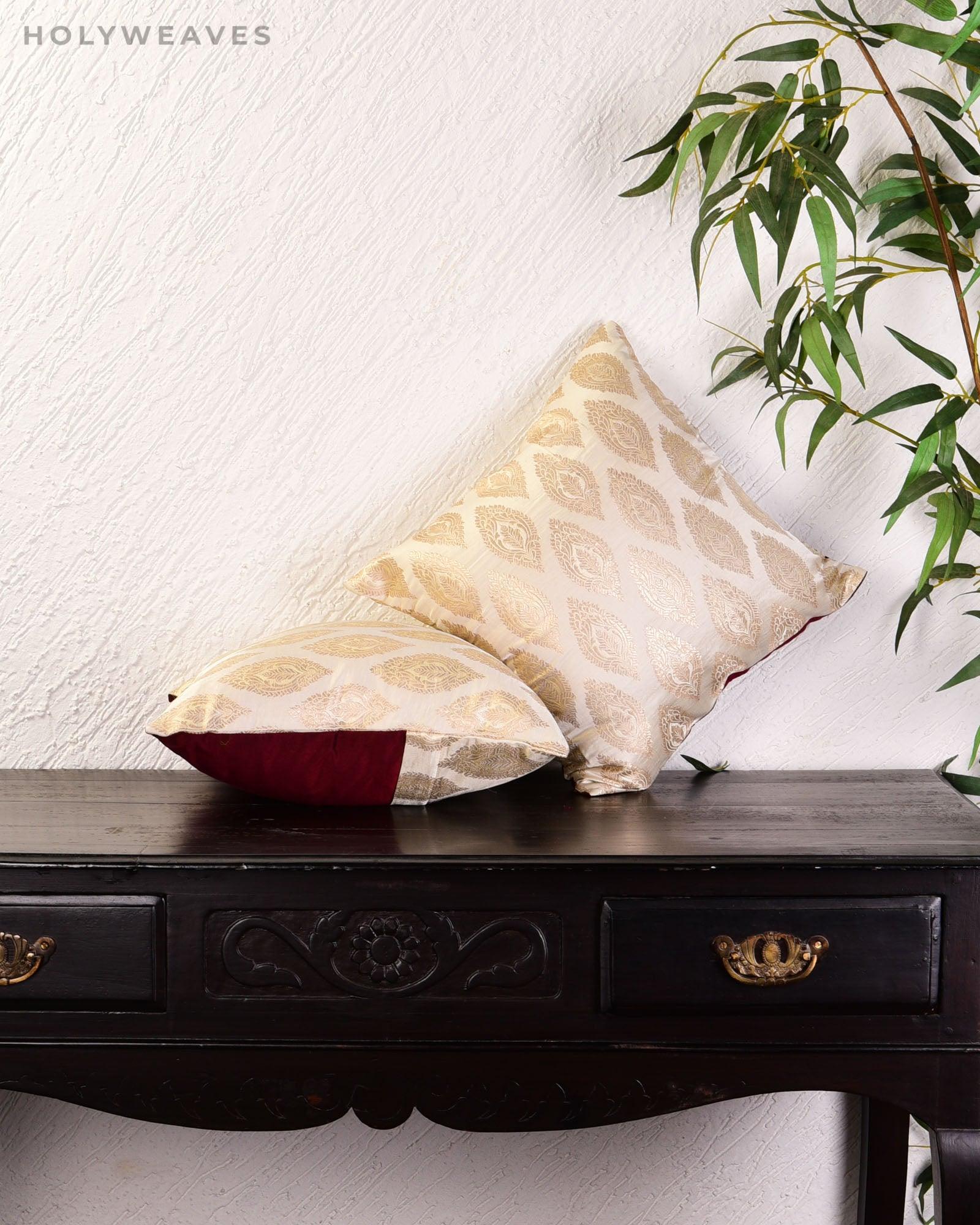Cream Banarasi Brocade Poly Cotton Cushion Cover 16" - By HolyWeaves, Benares