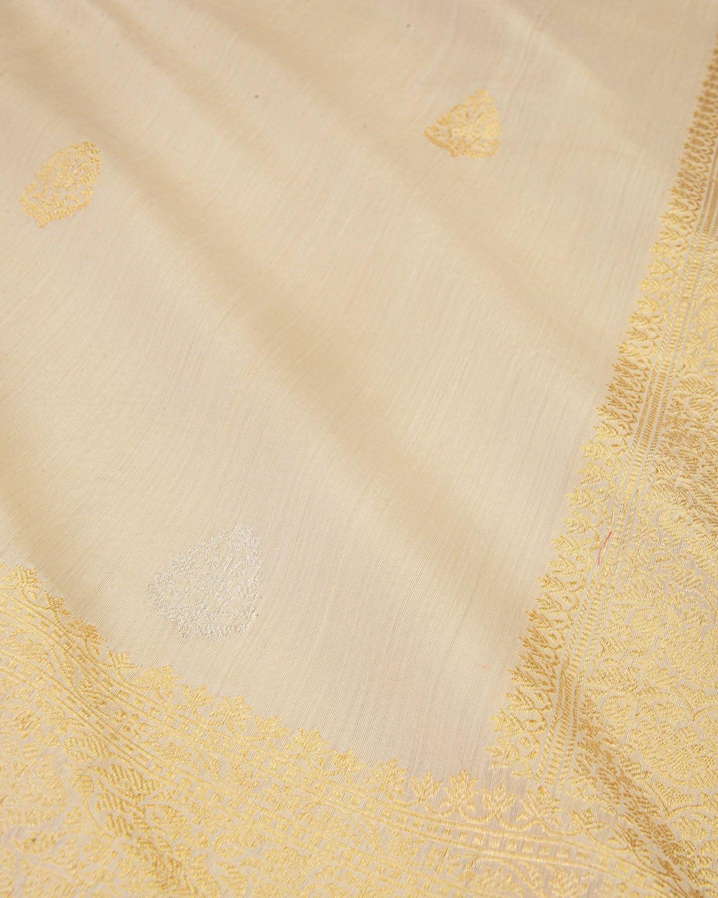 Cream Banarasi Buti Kadhuan Brocade Handwoven Spun Silk Saree - By HolyWeaves, Benares