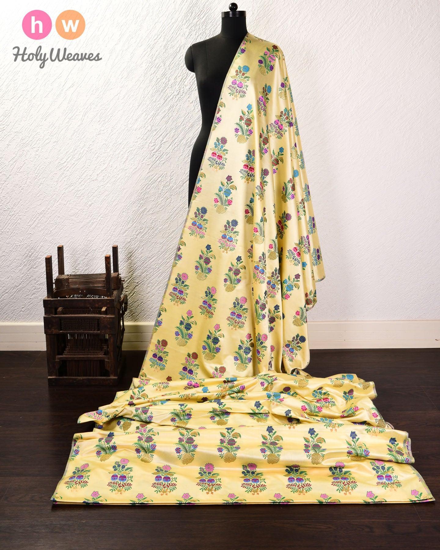 Cream Banarasi Chauhara Buta Kimkhwab Brocade Handwoven Viscose Silk Fabric - By HolyWeaves, Benares
