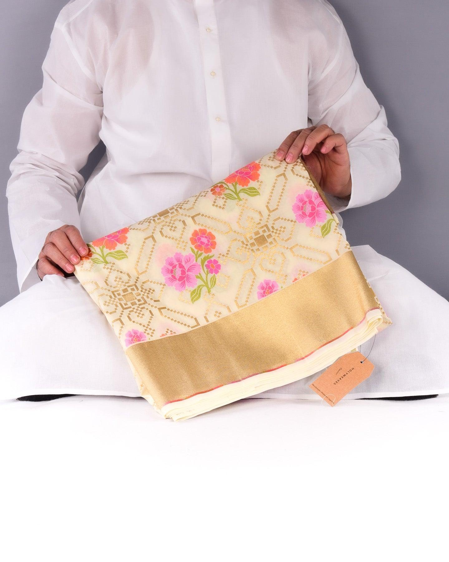Cream Banarasi Chauhara Floral Jaal Cutwork Brocade Woven Art Silk Saree with Brocade Blouse Piece - By HolyWeaves, Benares