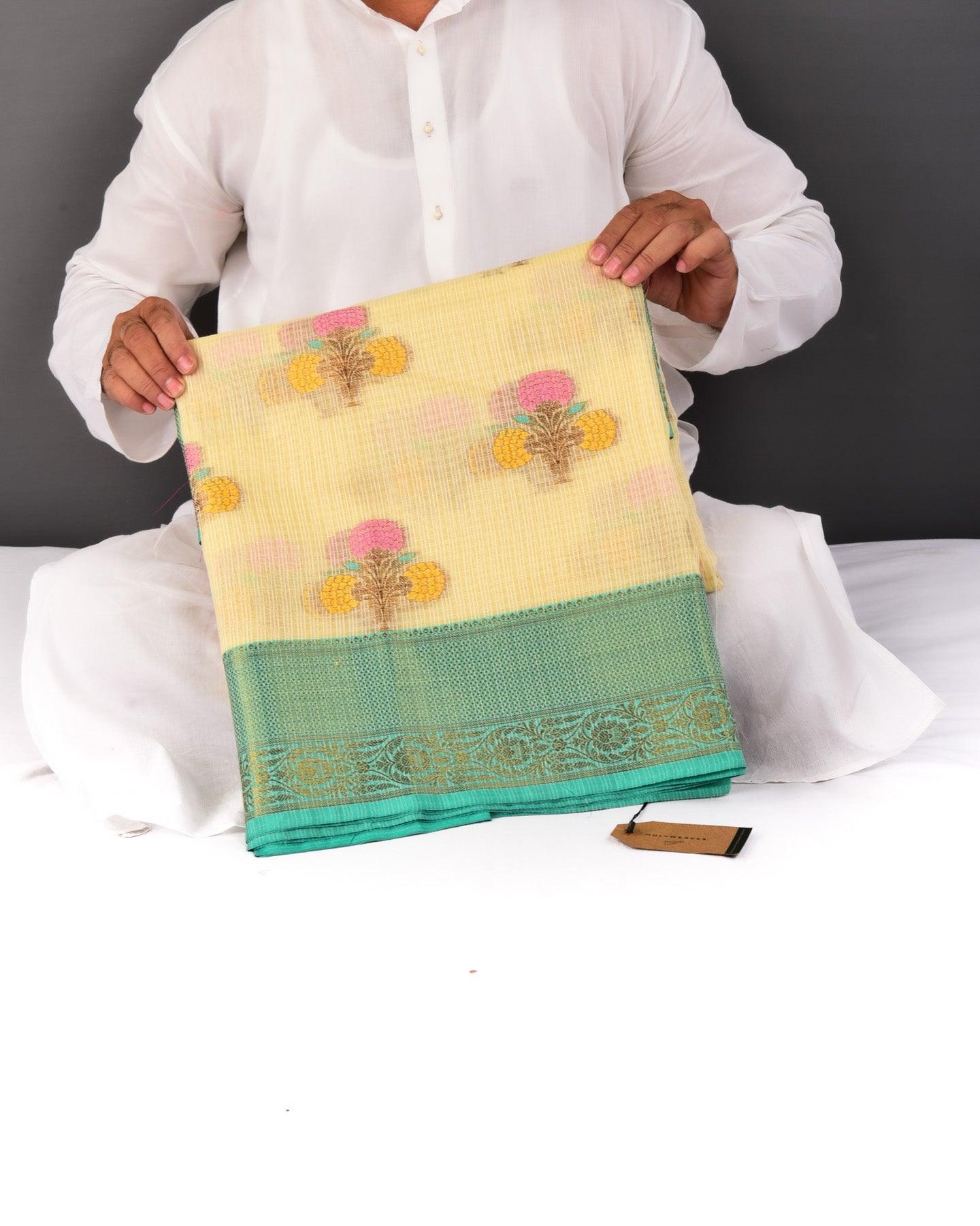 Cream Banarasi Check Texture 3-Color Weave Cutwork Brocade Woven Cotton Silk Saree - By HolyWeaves, Benares