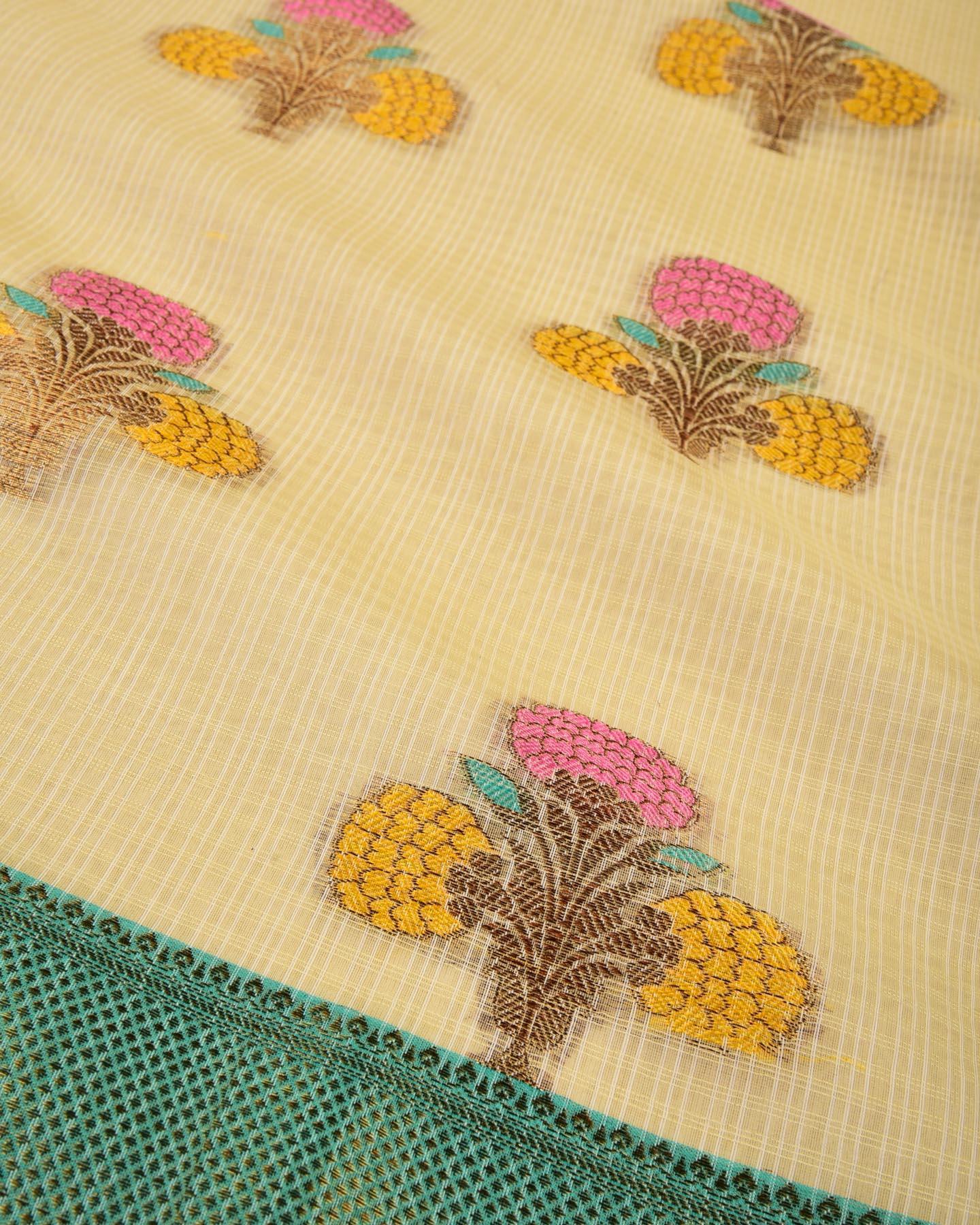 Cream Banarasi Check Texture 3-Color Weave Cutwork Brocade Woven Cotton Silk Saree - By HolyWeaves, Benares