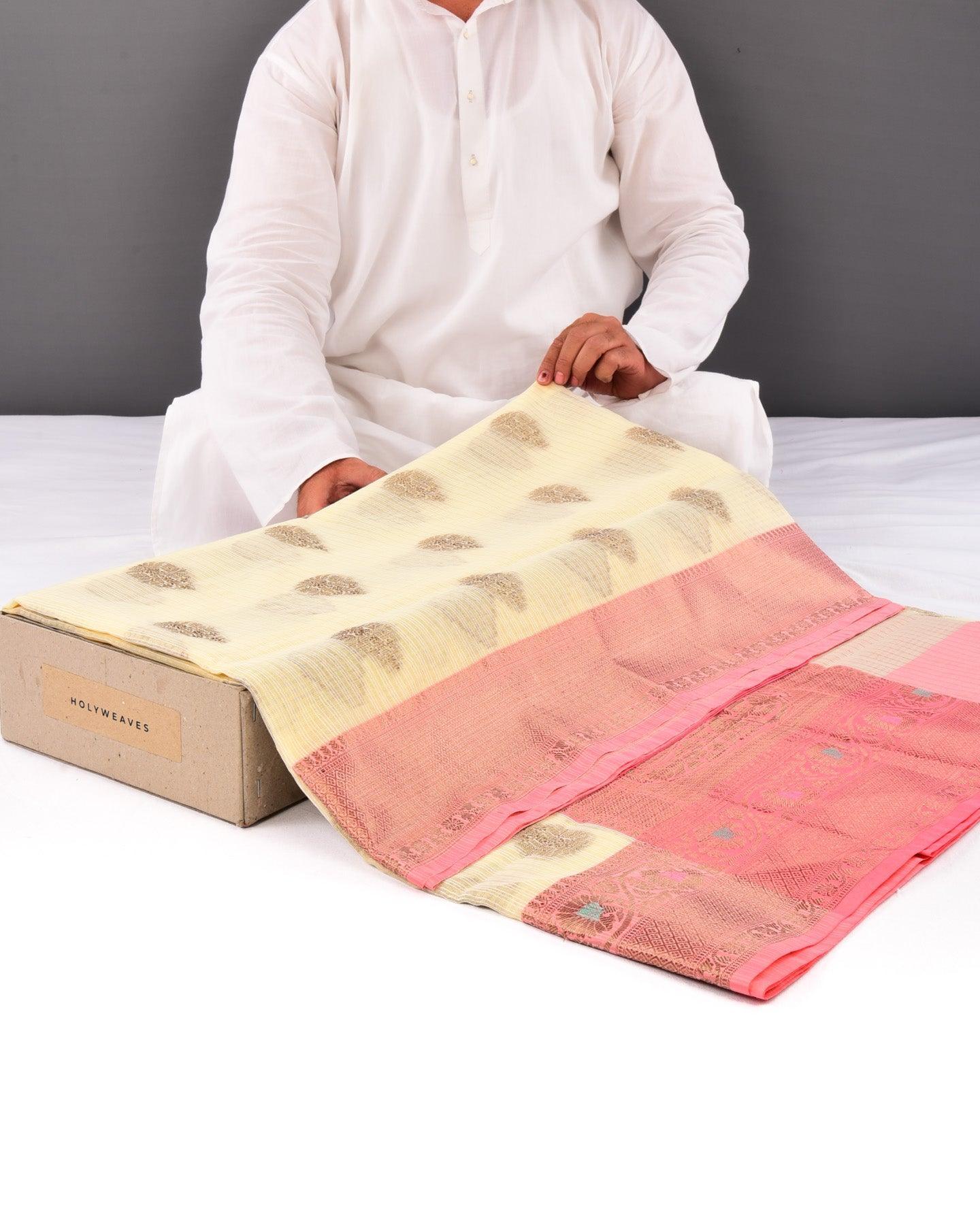 Cream Banarasi Check Texture Antique Buta Cutwork Brocade Woven Cotton Silk Saree with Peach Border Pallu - By HolyWeaves, Benares