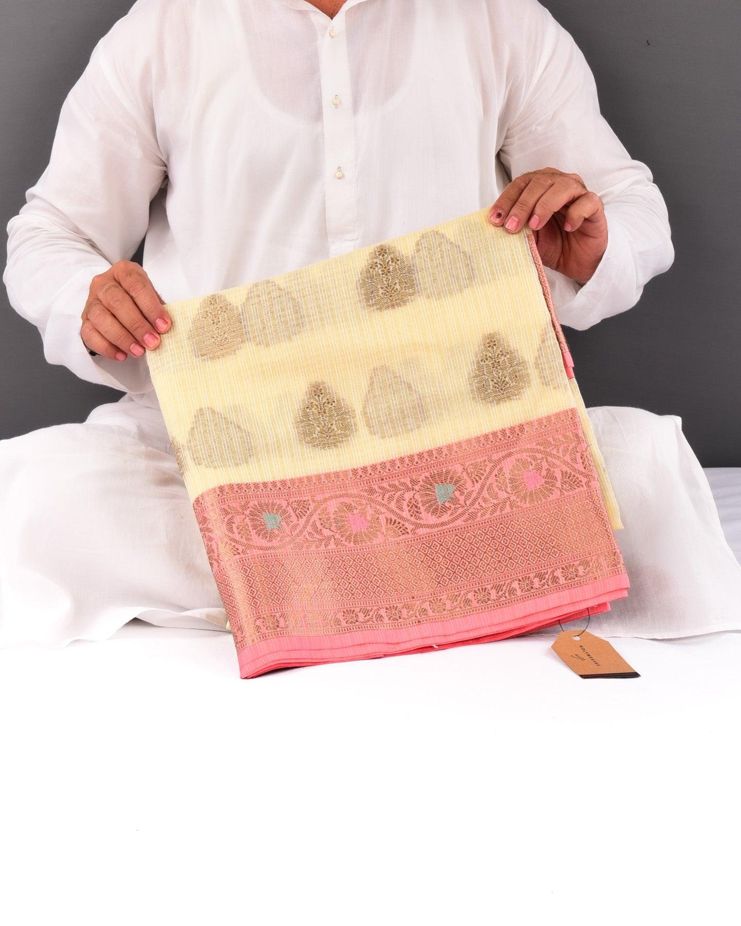 Cream Banarasi Check Texture Antique Buta Cutwork Brocade Woven Cotton Silk Saree with Peach Border Pallu - By HolyWeaves, Benares